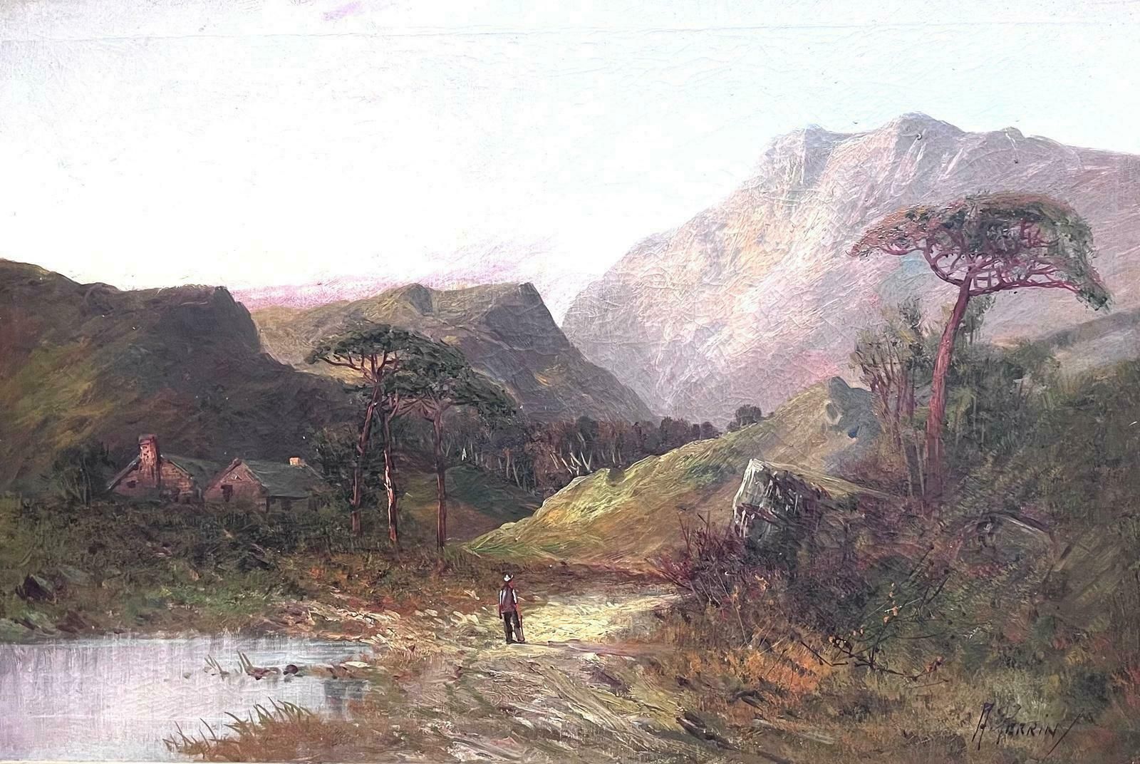 F. E. Jamiesonantique Scottish Highlands Oil Painting Figure Walking In Mountain Glen1920's photo furniture