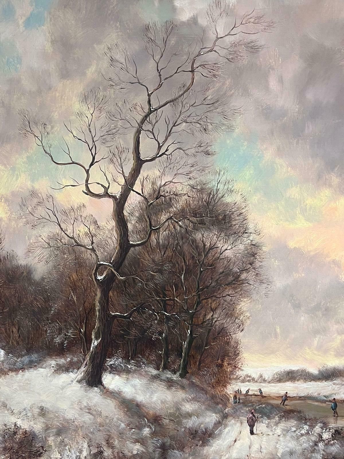 photo vinterior Dutch Artistclassical Dutch Winter Scene Figures Large Oil Painting Signed & Gilt Framed1950's