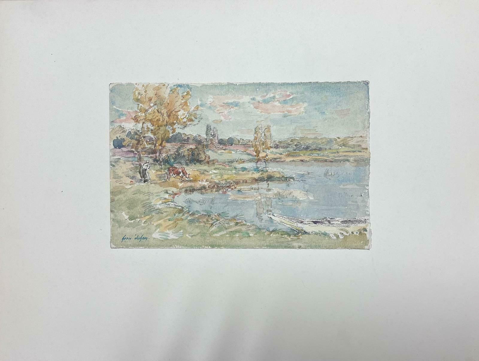 Henri Aime Duhemfine Antique French Impressionist Painting Landscape With River Cow & Figure photo furniture