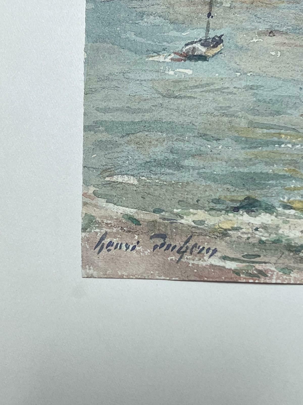 Henri Aime Duhemfine Antique French Impressionist Painting Coastal Seascape With Boat At Sunset photo for sale