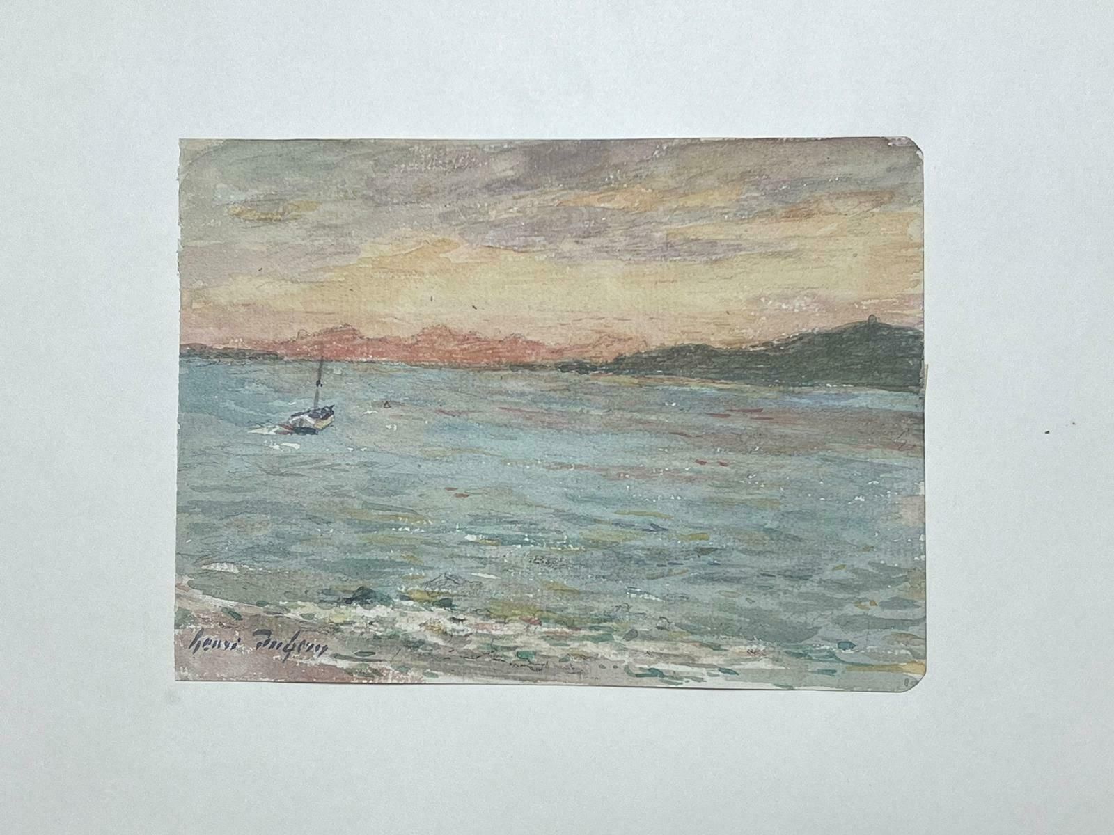 Henri Aime Duhemfine Antique French Impressionist Painting Coastal Seascape With Boat At Sunset photo Art