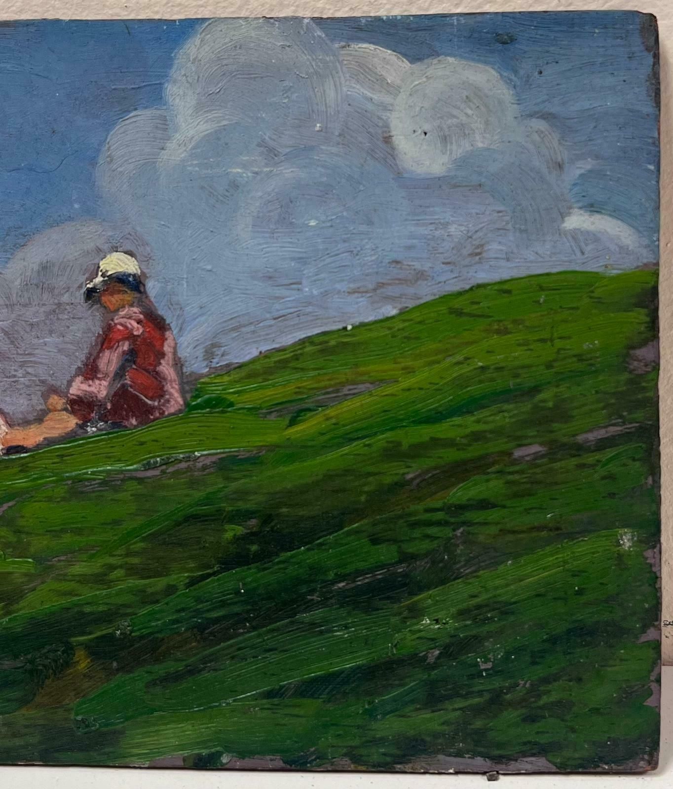Louise Alixmid 20th Century Oil Figure Sat On Green Hill Admiring The Blue Cloudy Sky1940's photo furniture