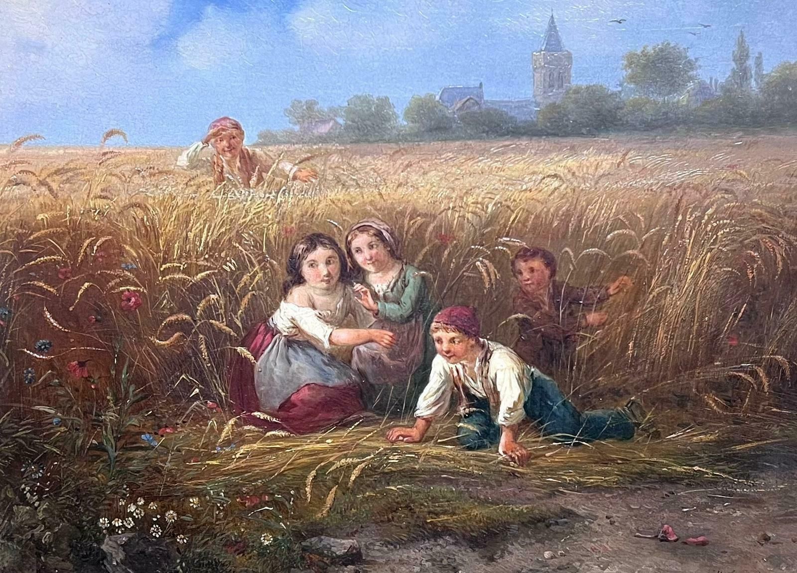 French 19th Centurytraditional 19th Century French Signed Oil Painting Children Playing In Harvest photo furniture
