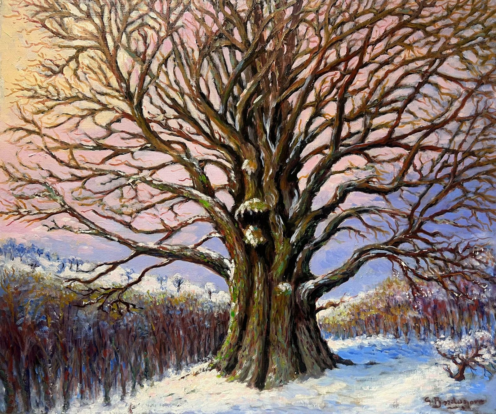 Georges Bordonovelarge French Post Impressionist Oil Painting Ancient Tree Winter Snow Landscape