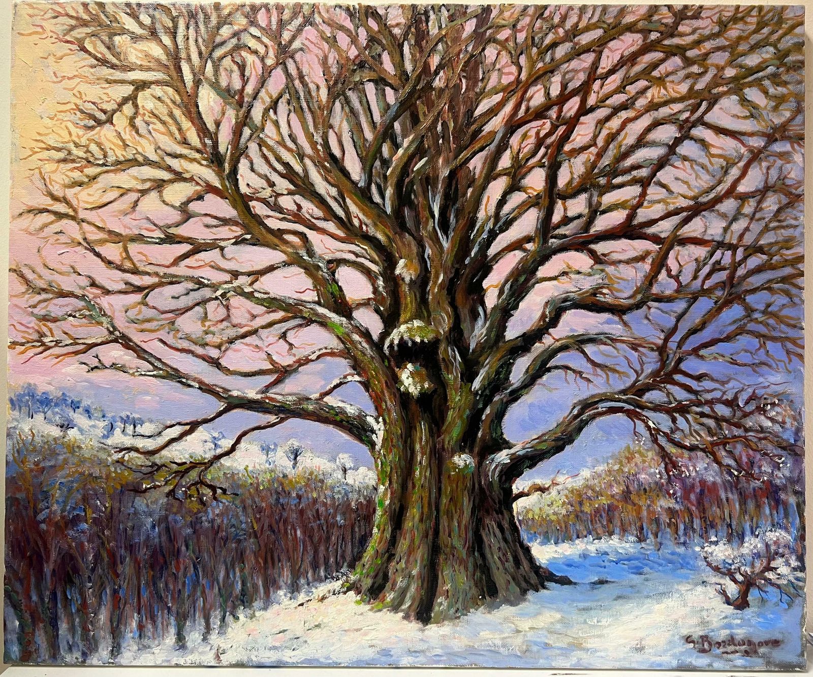 Georges Bordonovelarge French Post Impressionist Oil Painting Ancient Tree Winter Snow Landscape photo furniture