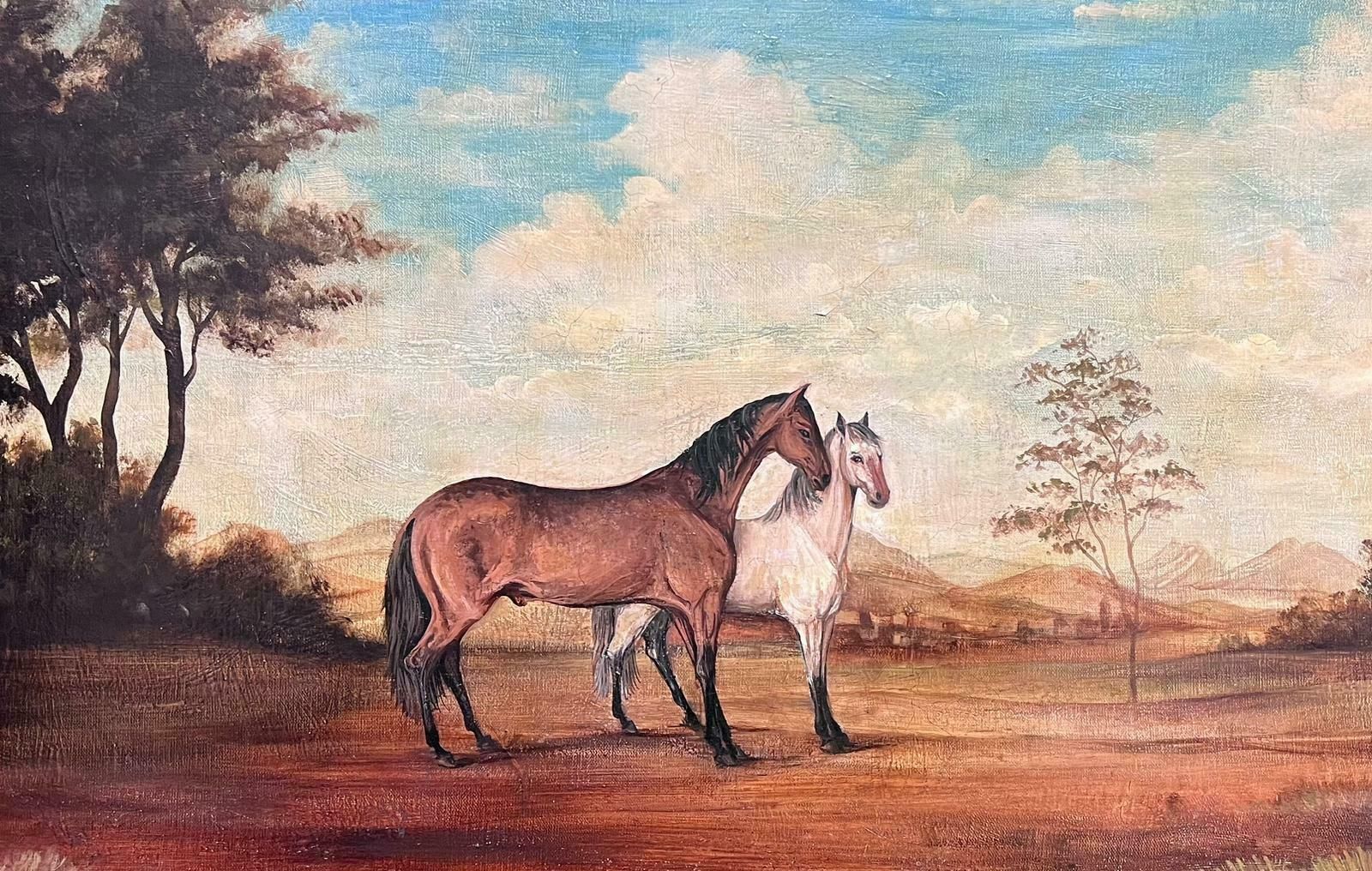 French Schoollarge French Oil Painting Two Horses In Landscape Grey And Chestnut Framed photo furniture
