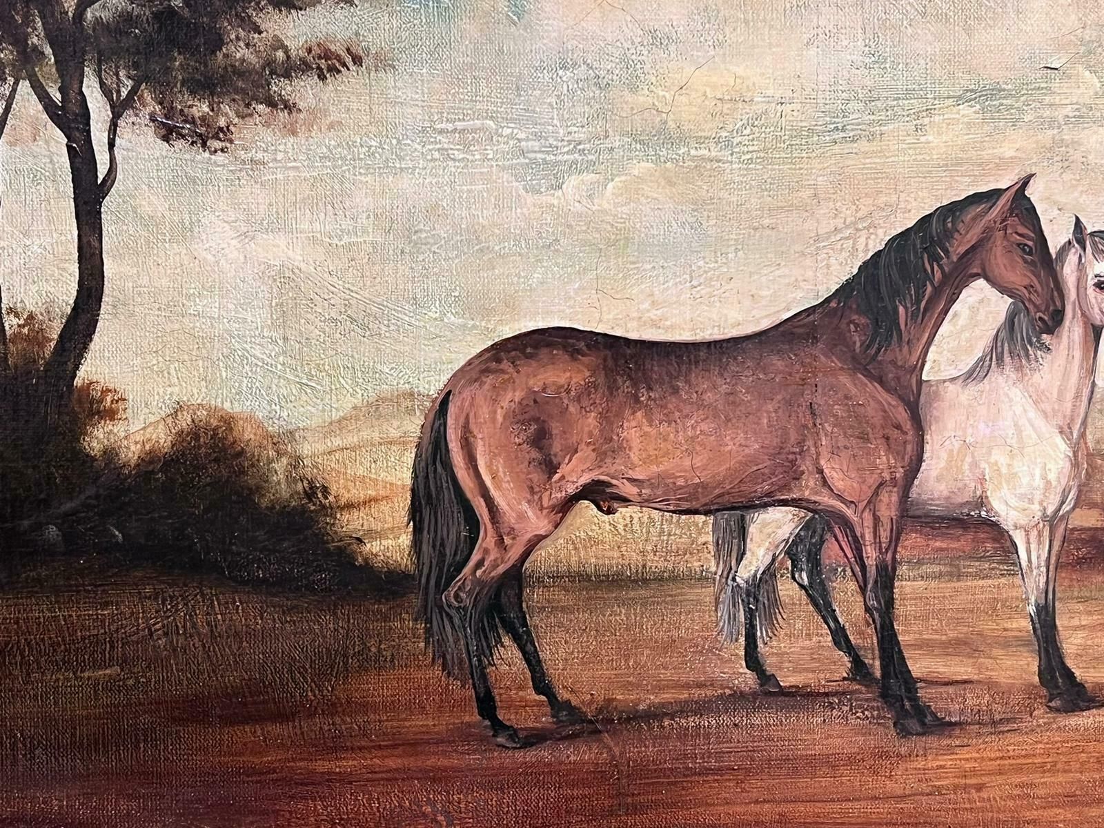 French Schoollarge French Oil Painting Two Horses In Landscape Grey And Chestnut Framed photo vintage