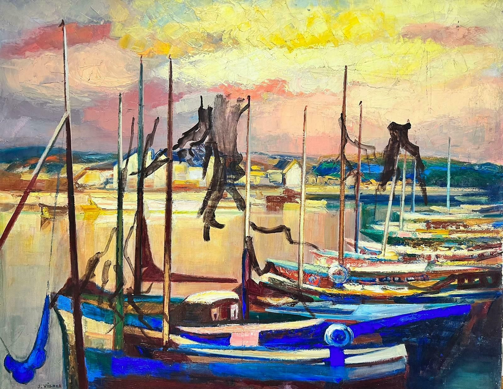 Josine Vignonsunset Over Blue Boats In Harbor Very Large 1970’s French Signed Oil On Canvas1970’s