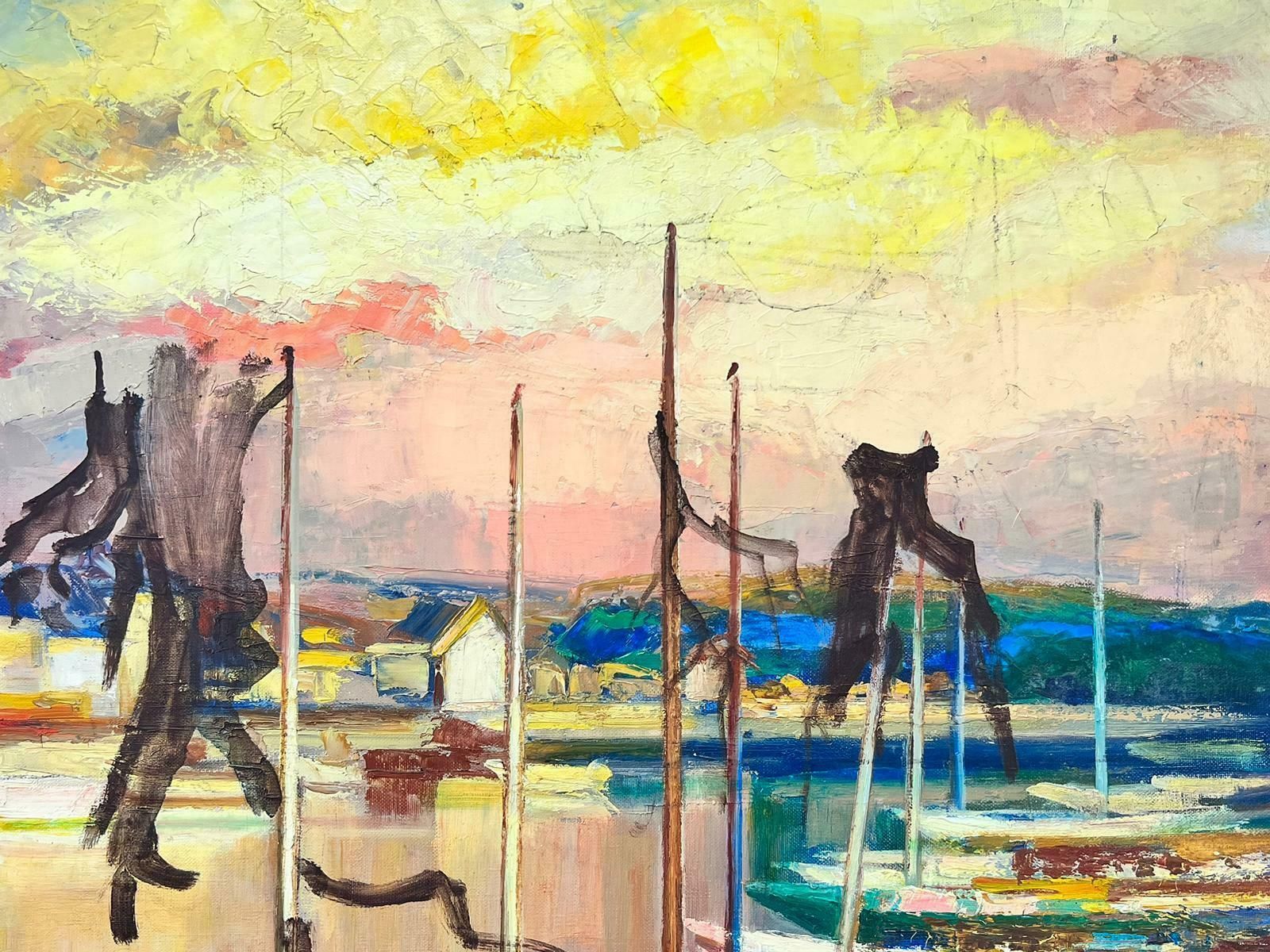 Josine Vignonsunset Over Blue Boats In Harbor Very Large 1970’s French Signed Oil On Canvas1970’s photo 1513.0