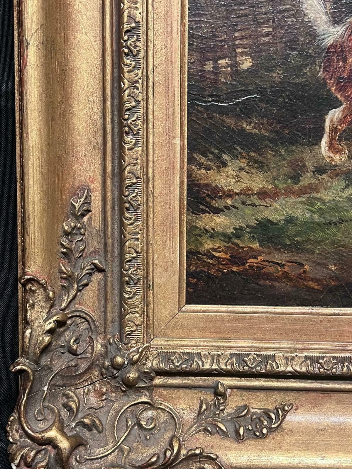 Fine Victorian English Oil Painting Three Terrier Dogs By Rabbit Hole Landscape photo for sale
