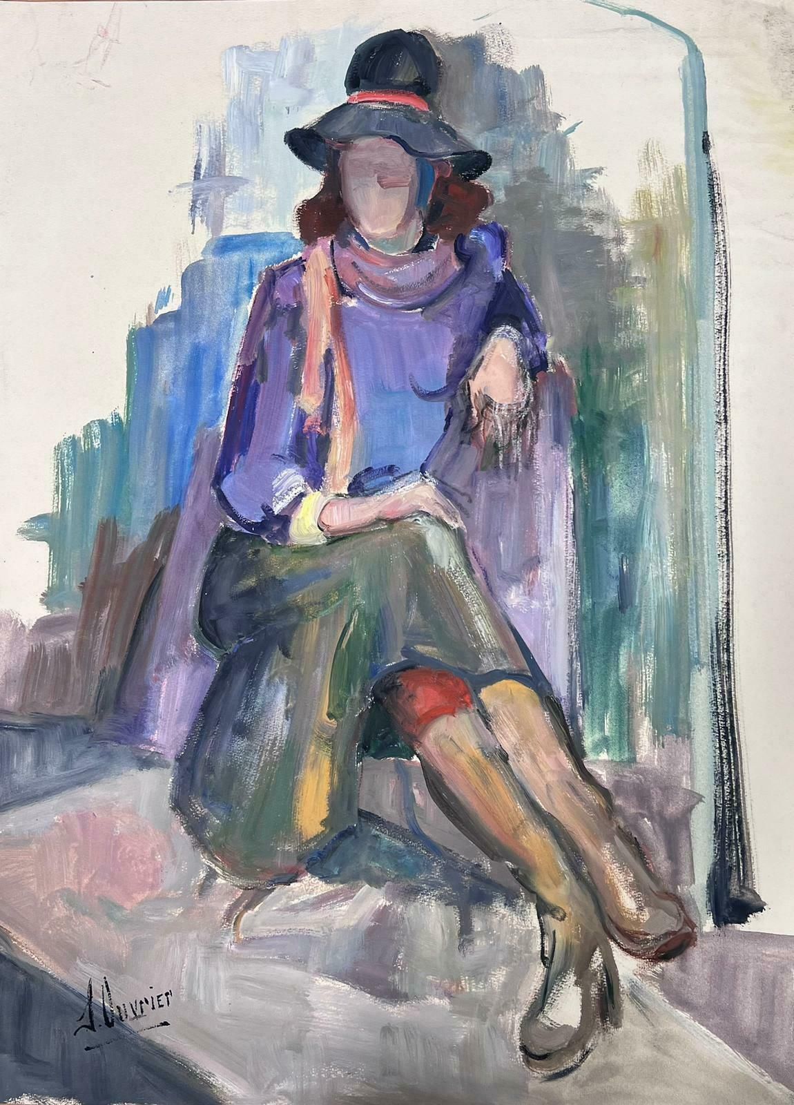 French Modernist1970's Posed Chic Model In Black Hat French Modernist Painting 1970's photo furniture