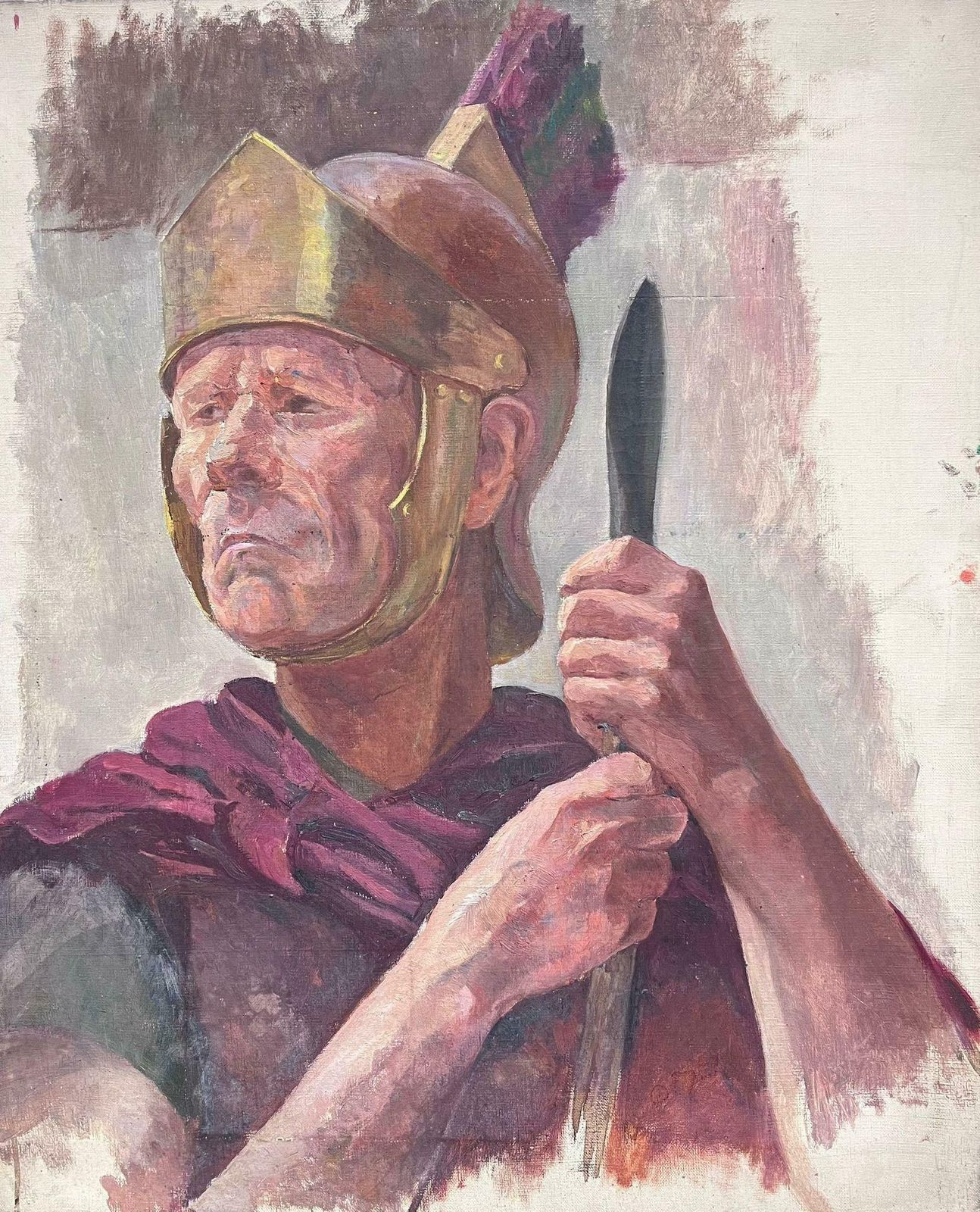 French Mid Century Portrait Of A Roman Soldier In Head Gear And With Spear 1950's French Oil Paint1950's
