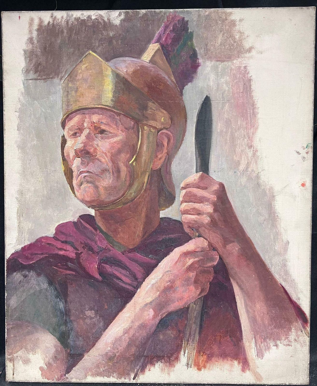 French Mid Century Portrait Of A Roman Soldier In Head Gear And With Spear 1950's French Oil Paint1950's photo furniture