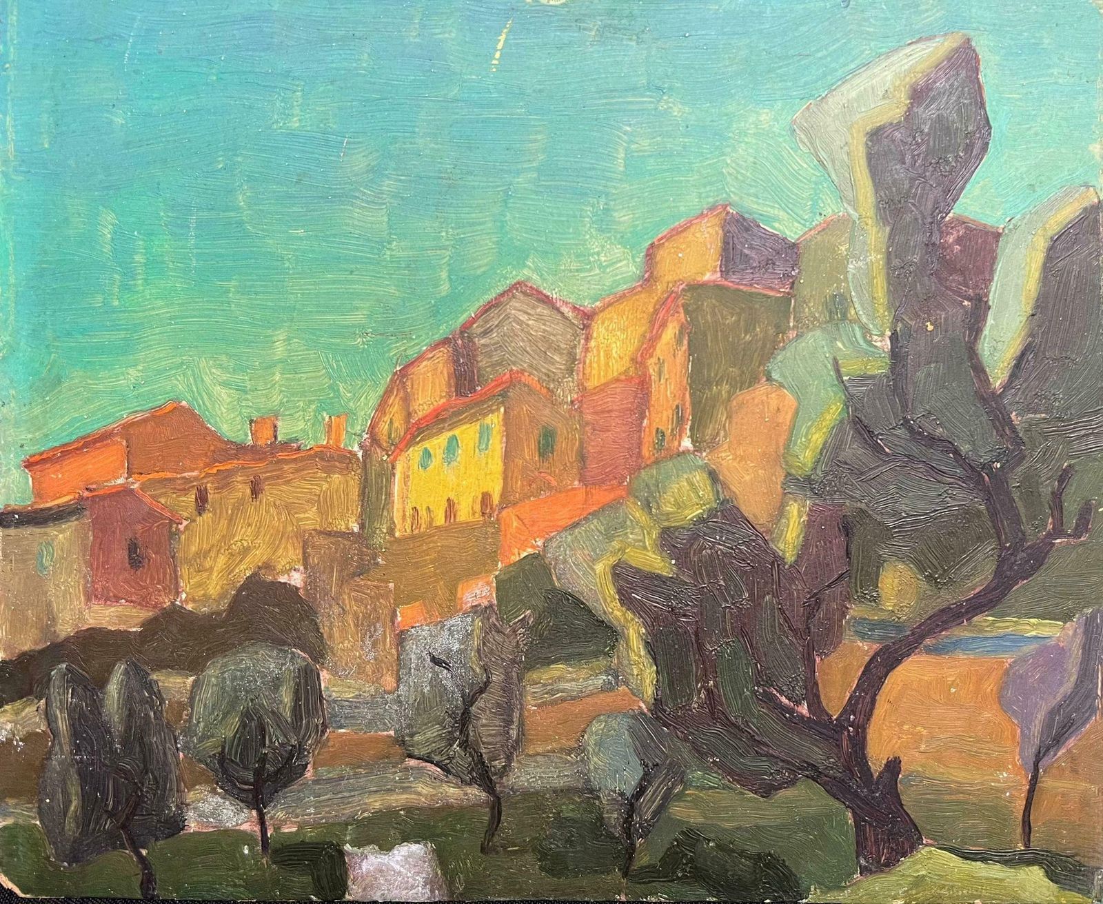 French School20th Century French Cubist Oil Painting Sun Scorched Provencal Village Rocks1960's