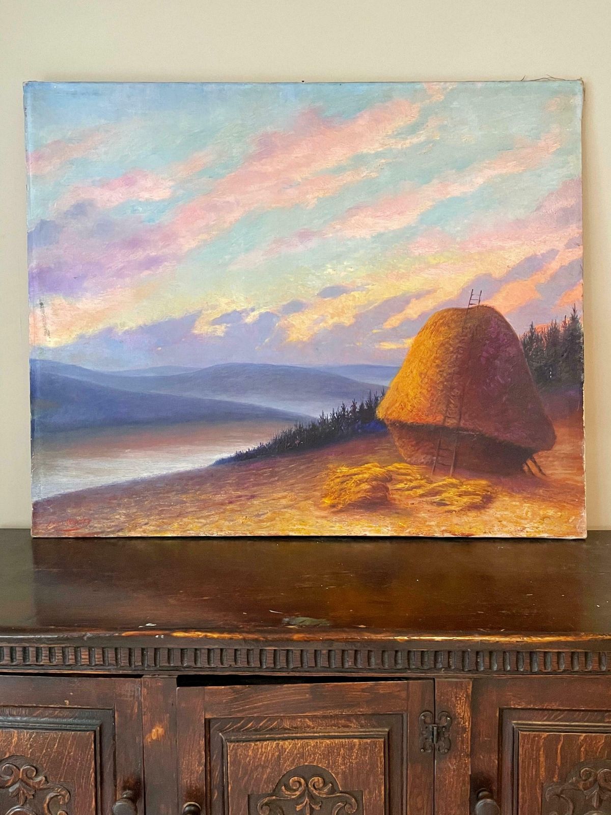 Unknownhuge French Impressionist Oil Painting   Haystacks At Sunset   Fine Landscapec. 1930's photo furniture