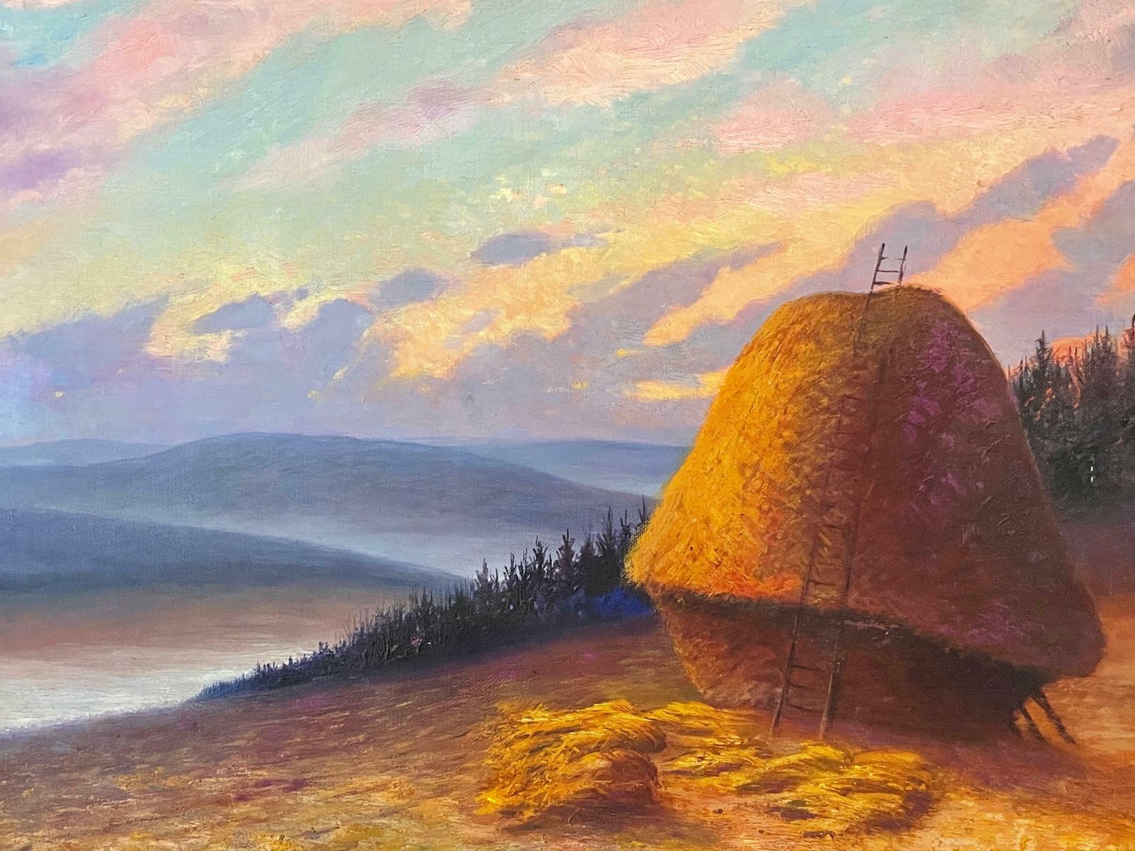 Unknownhuge French Impressionist Oil Painting   Haystacks At Sunset   Fine Landscapec. 1930's photo for sale