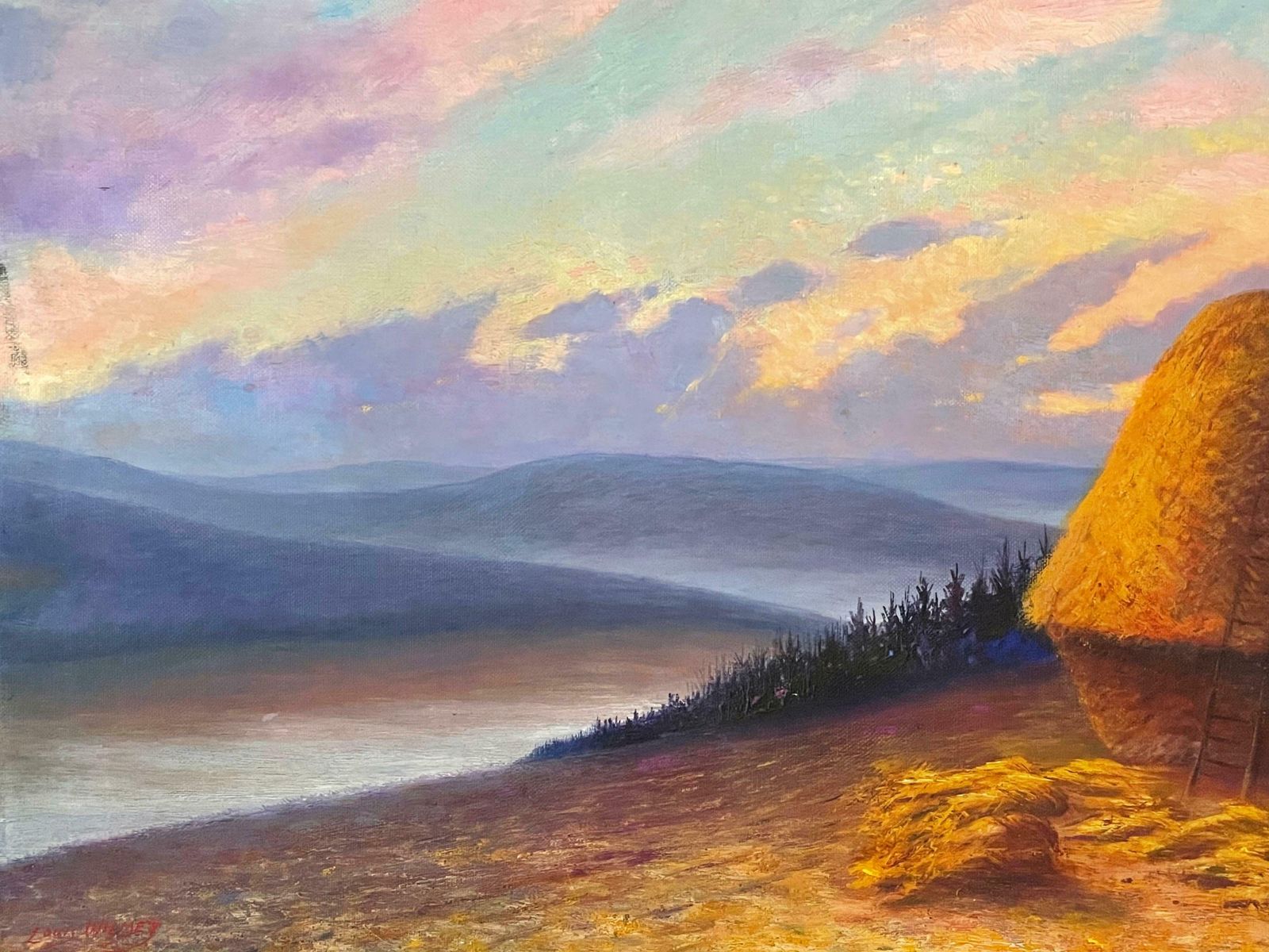 Unknownhuge French Impressionist Oil Painting   Haystacks At Sunset   Fine Landscapec. 1930's photo buy