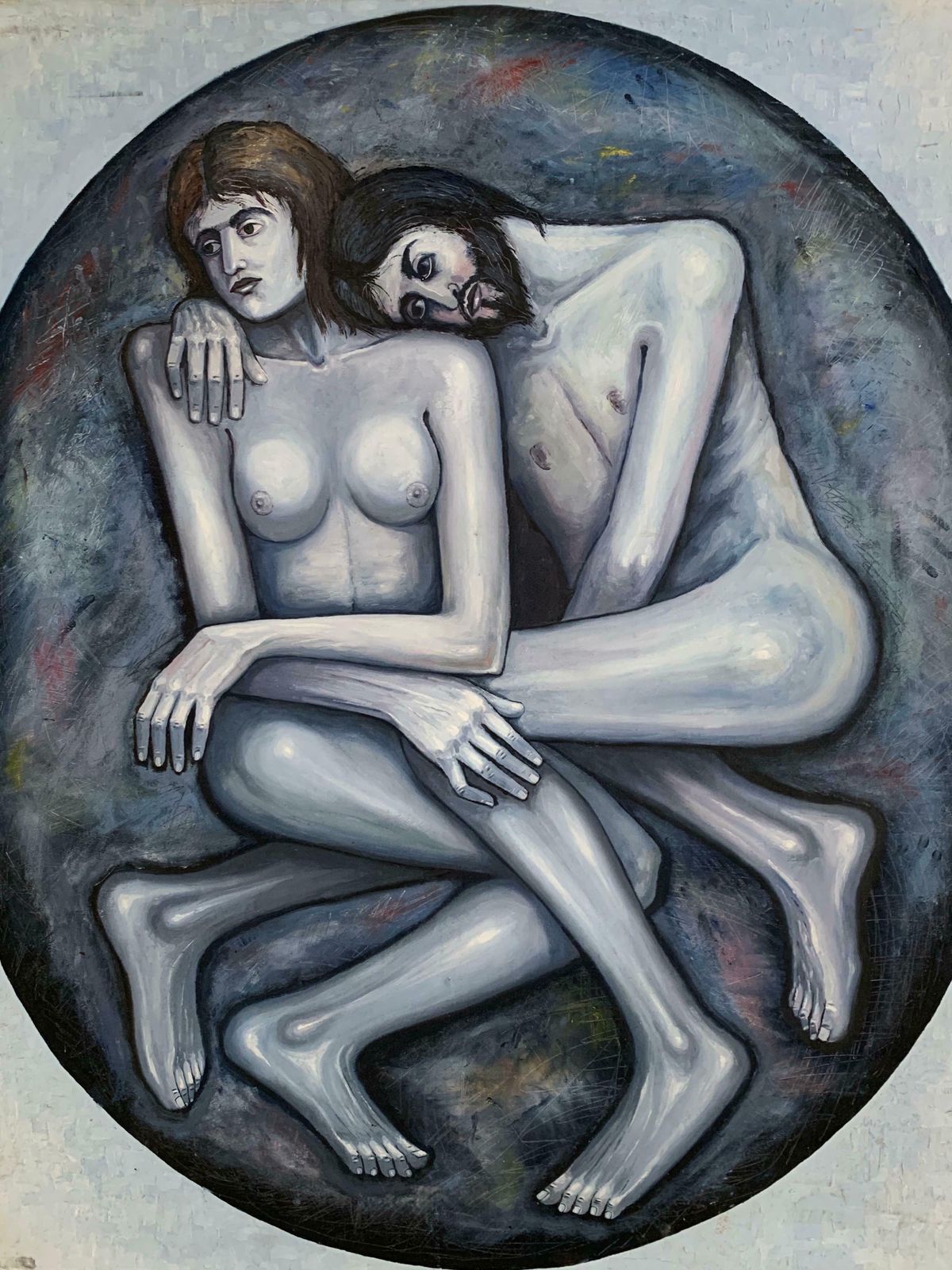 French Expressionisthuge 20th Century French Oil On Canvas   Adam & Eve Grey Black & White Ovalc. 1990's photo for sale