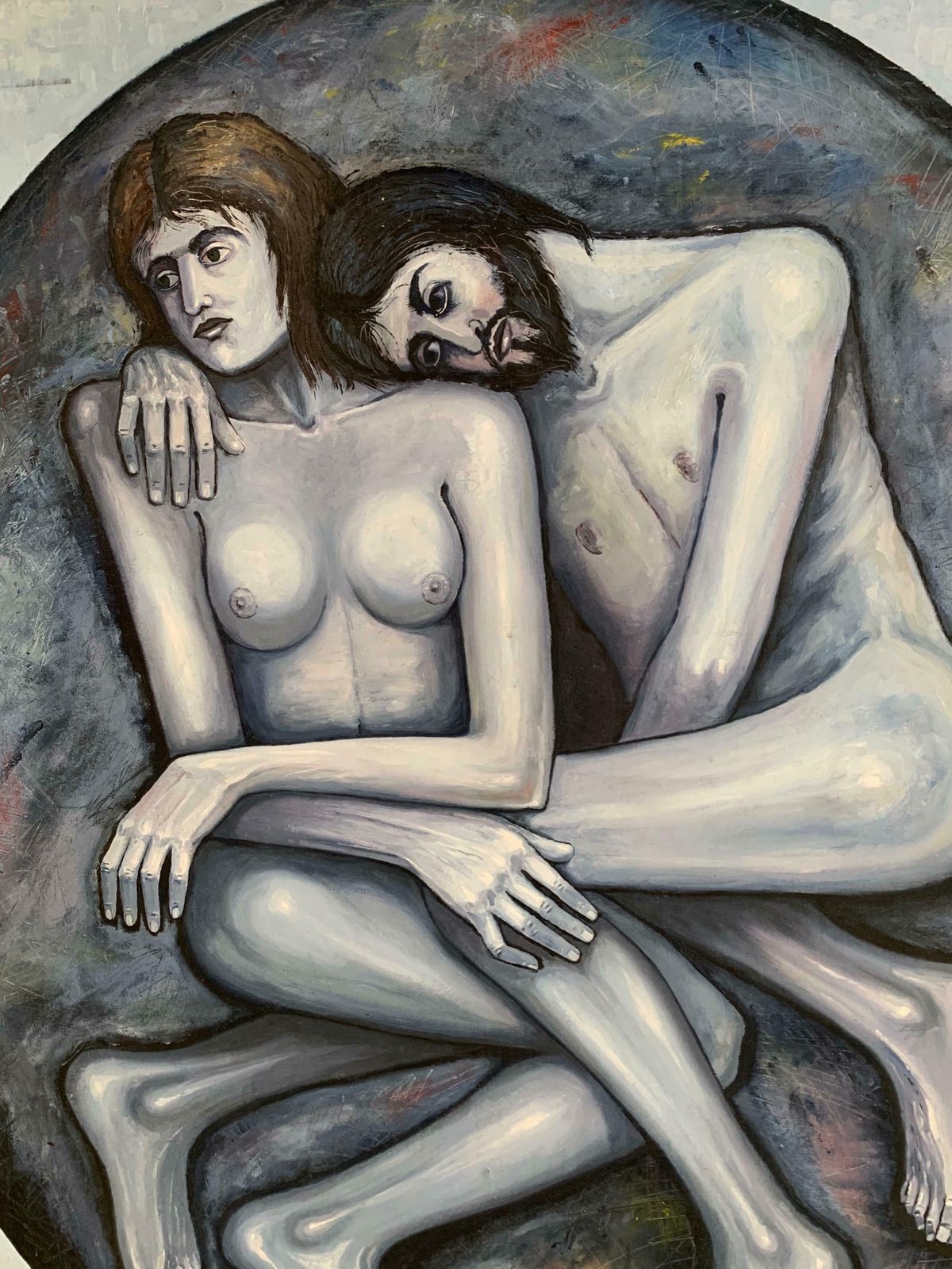 French Expressionisthuge 20th Century French Oil On Canvas   Adam & Eve Grey Black & White Ovalc. 1990's photo Art