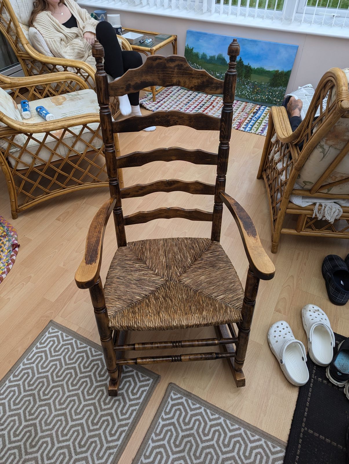 Vintage Wooden Rocking Chair With Woven Seat photo for sale