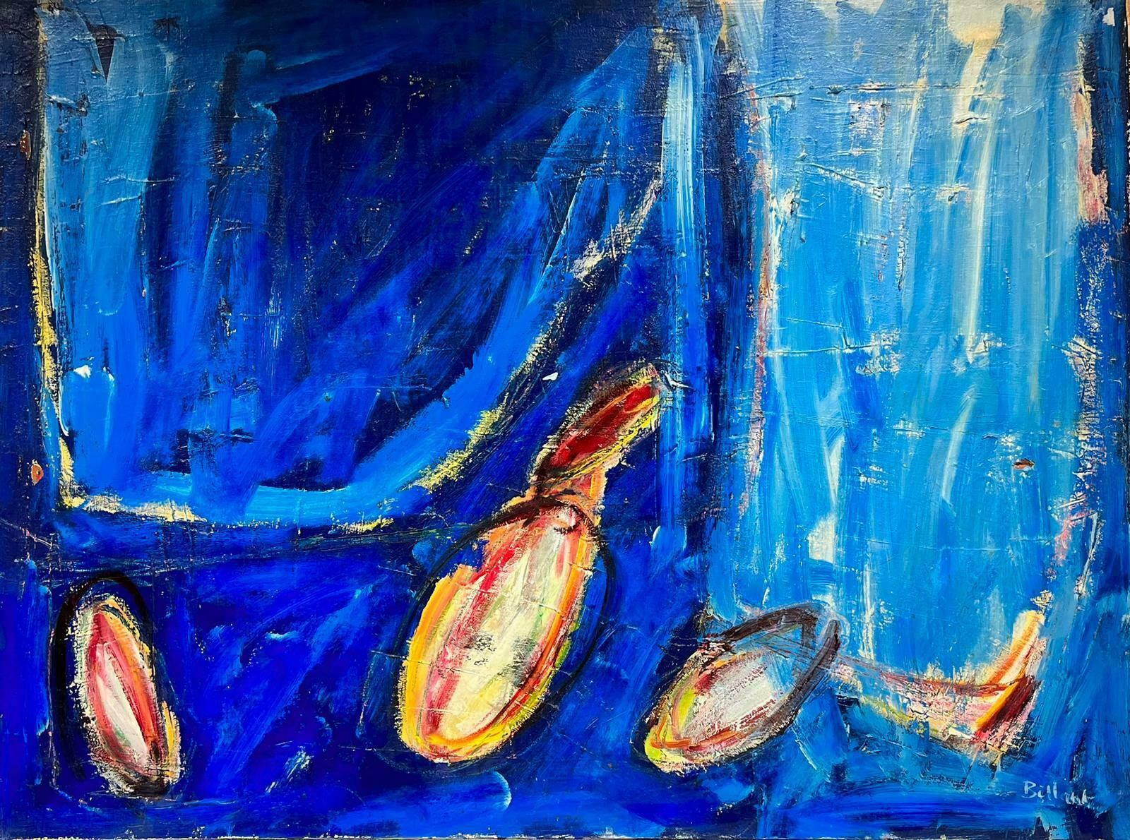 French Expressionisthuge French Expressionist Abstract Signed Oil Blue With Orange Yellow Shapes20th Century