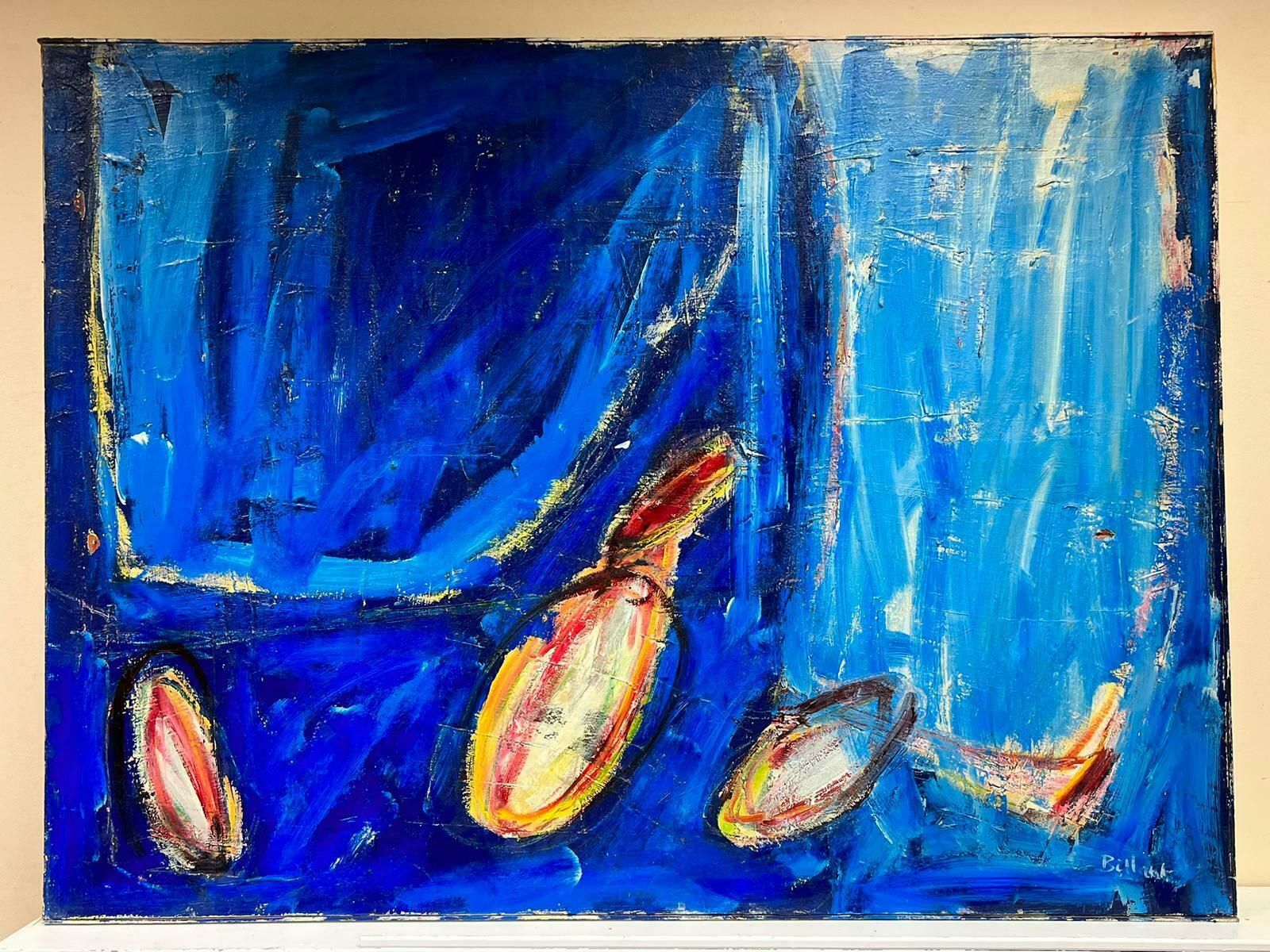 French Expressionisthuge French Expressionist Abstract Signed Oil Blue With Orange Yellow Shapes20th Century photo furniture