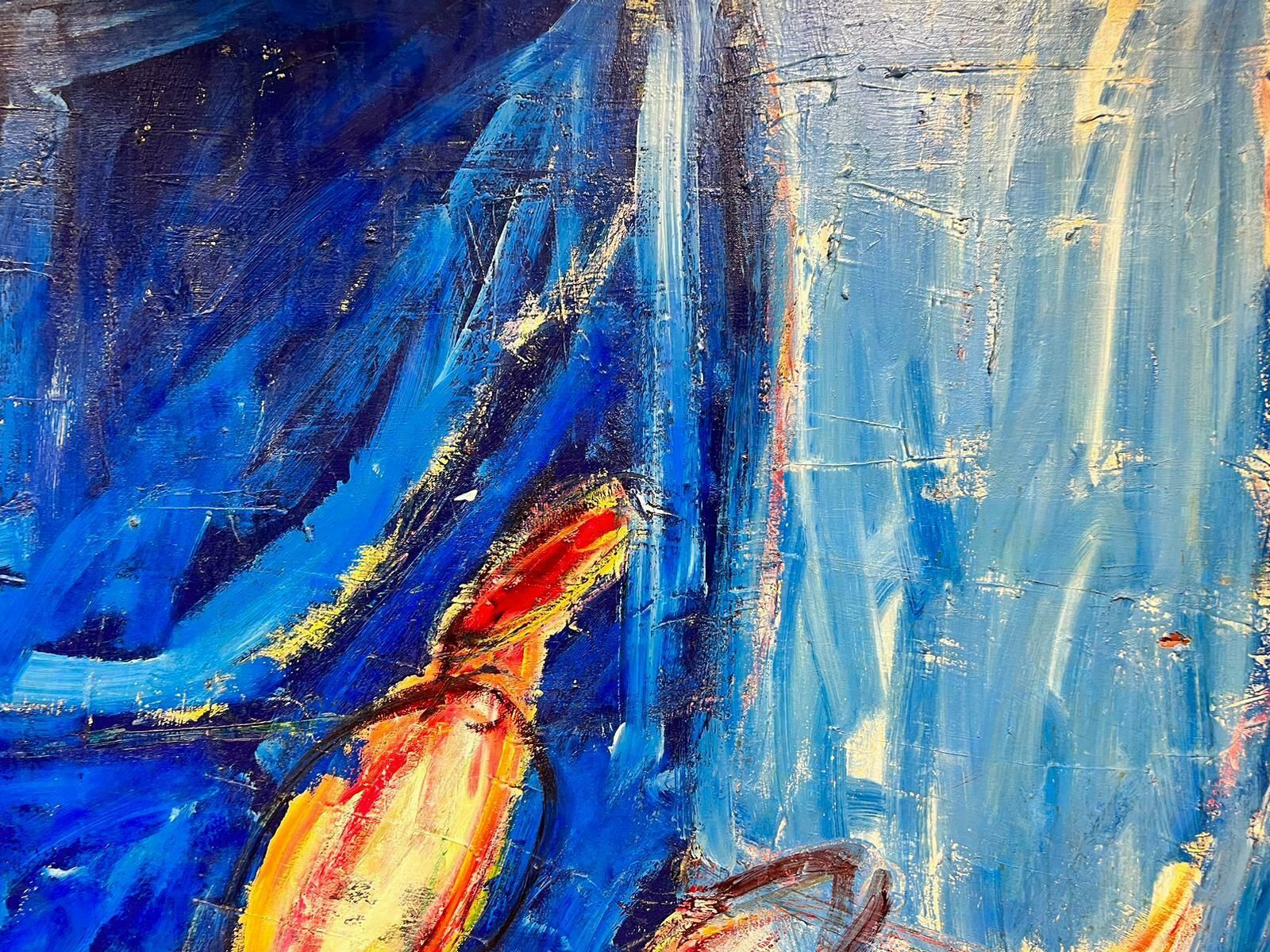 French Expressionisthuge French Expressionist Abstract Signed Oil Blue With Orange Yellow Shapes20th Century photo for sale