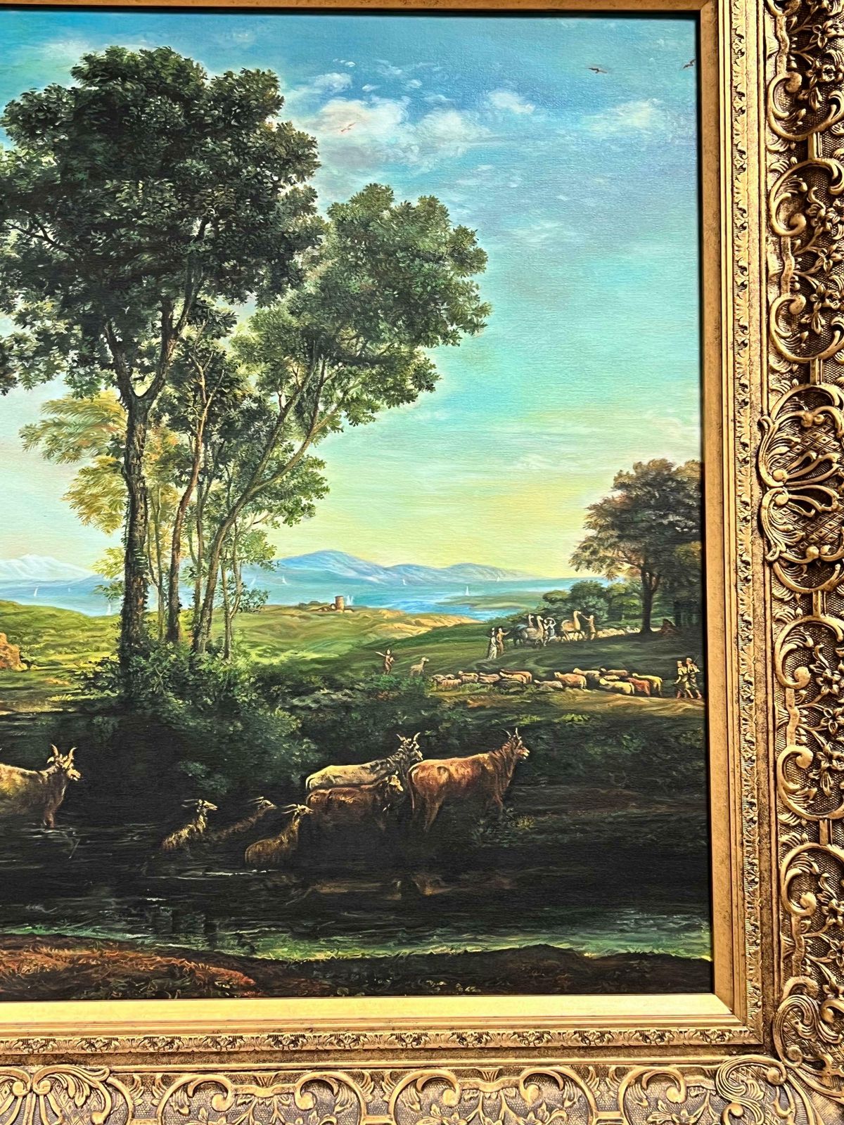 Continental Schoollarge Classical Oil Painting Figures Animals In Arcadiane Landscape, Framed20th Century photo for sale