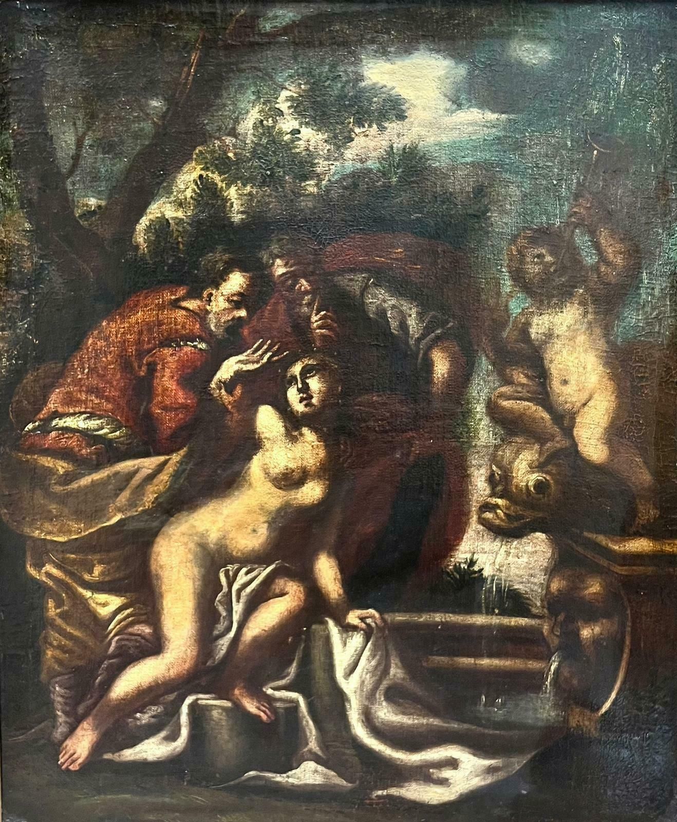 18th Century Italian Old Masterlarge 1700 Italian Old Master Nude Bather With Classical Figures Water Fountain