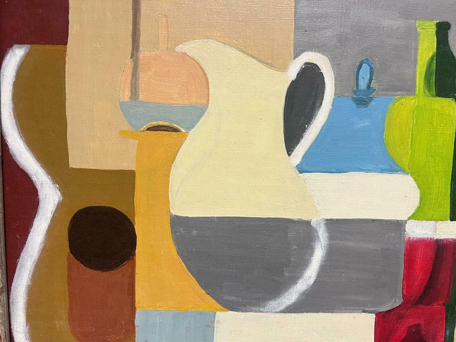 French Cubist Mid Century1950's French Cubist Still Life Oil Painting Jugs & Ornaments Large Canvas1950 photo for sale