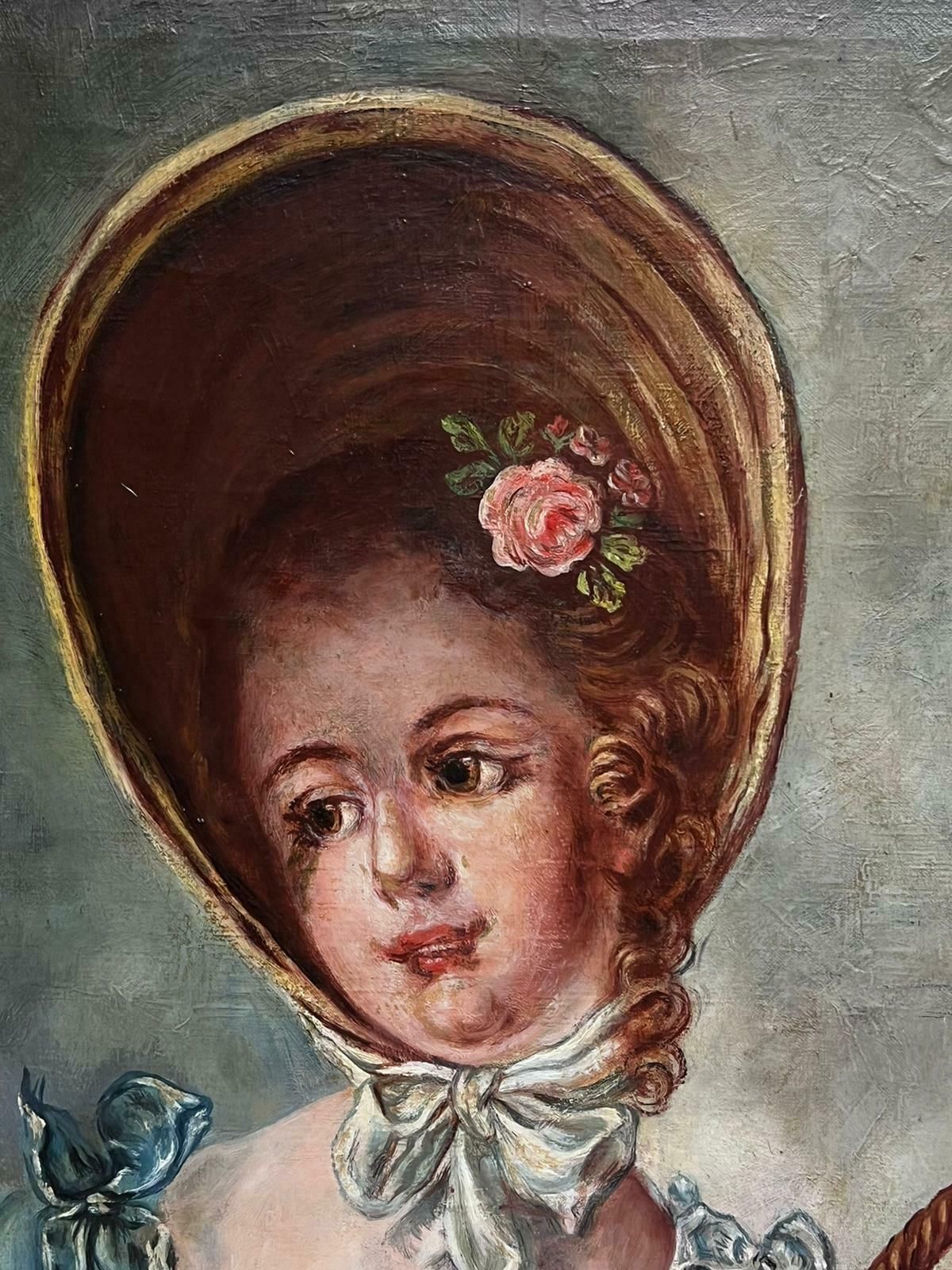 French Schoolantique French Oil Painting Portrait Of Country Lady In Bonnet With Basket Roses photo Art