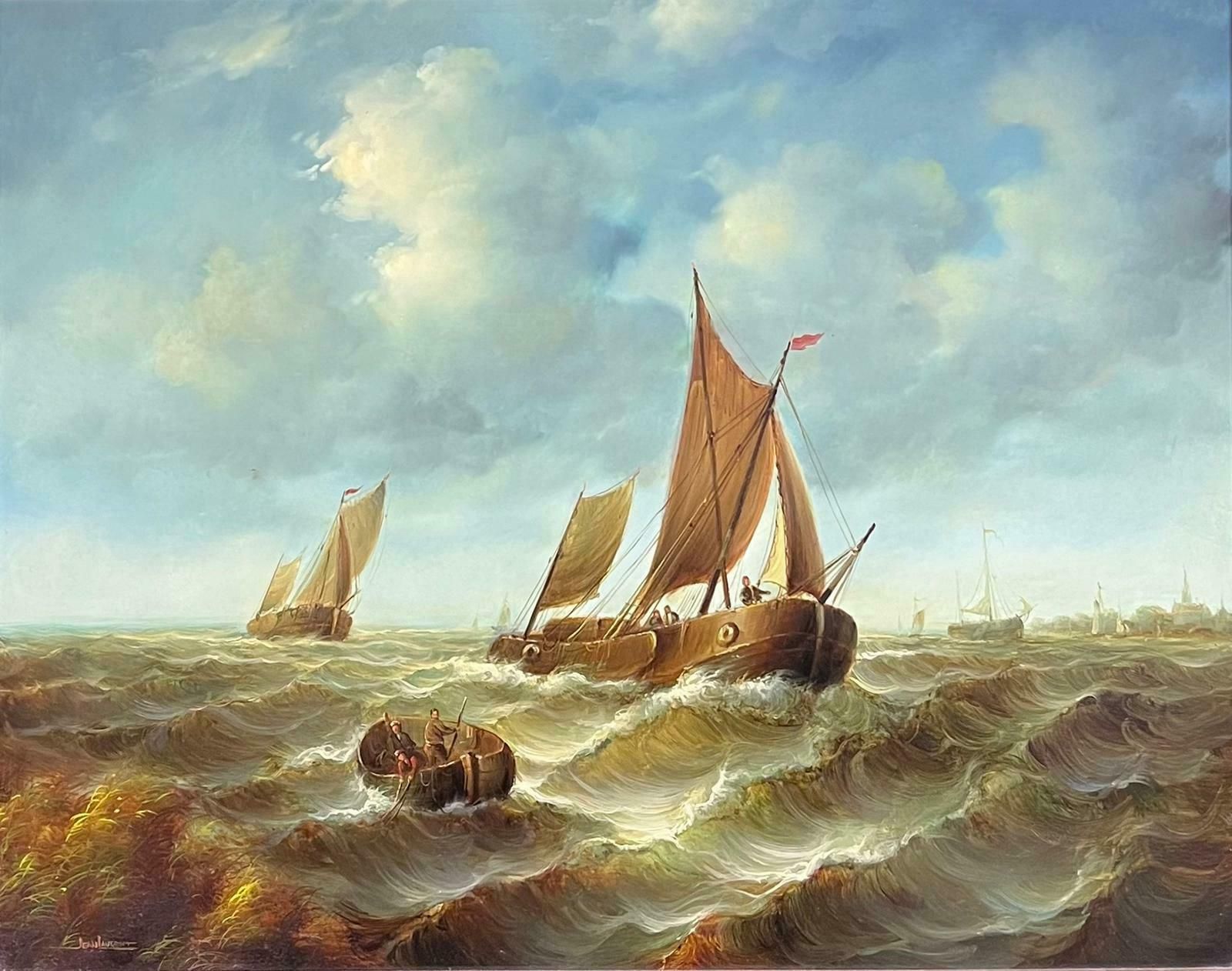 Jean Laurentfine Marine Signed Oil Painting Old Sailing Boats On Choppy Seas Gilt Framed photo furniture