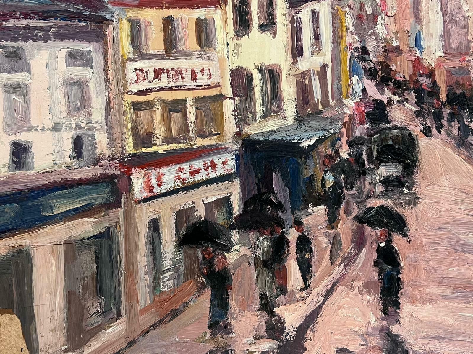 Leon Hatotvintage French Oil Painting Busy Red Town With Figures Holding Umbrellas photo Art