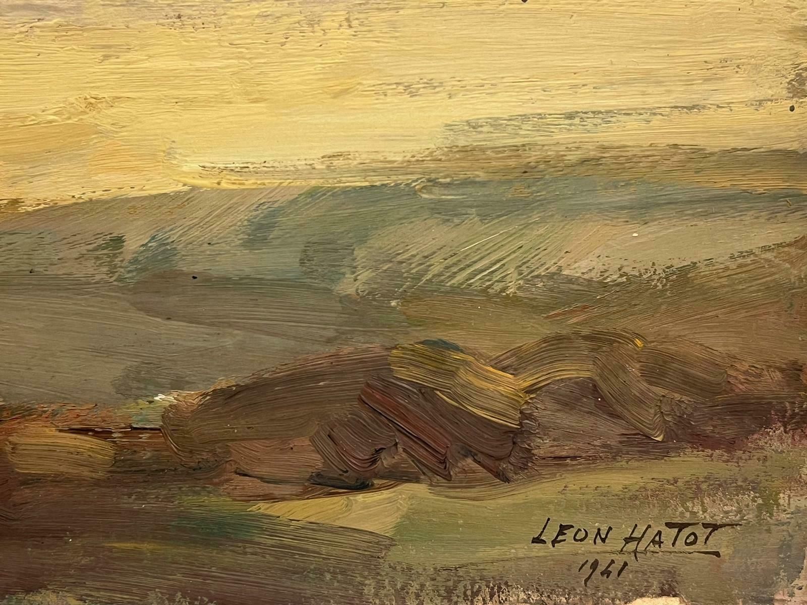 Leon Hatotvintage French Oil Painting Brown Horses Pulling A Hay Kart In Golden Fields photo for sale