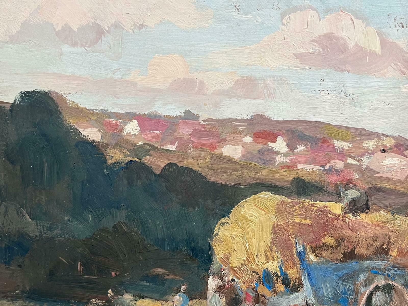 Leon Hatotvintage French Oil Painting Brown Horses Pulling A Hay Kart In Golden Fields photo Art