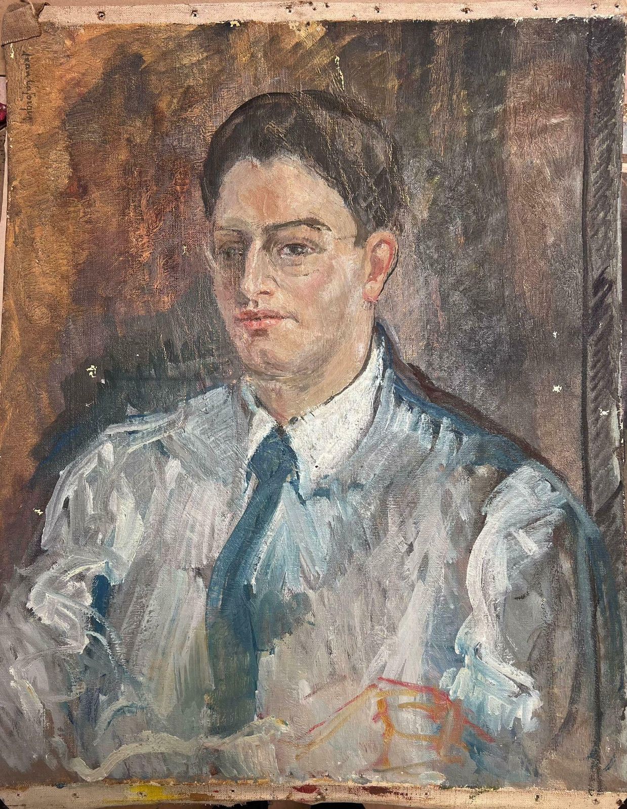 Jean Laforguemid 20th Century French Signed Oil Painting Portrait Of Man In Tie photo for sale