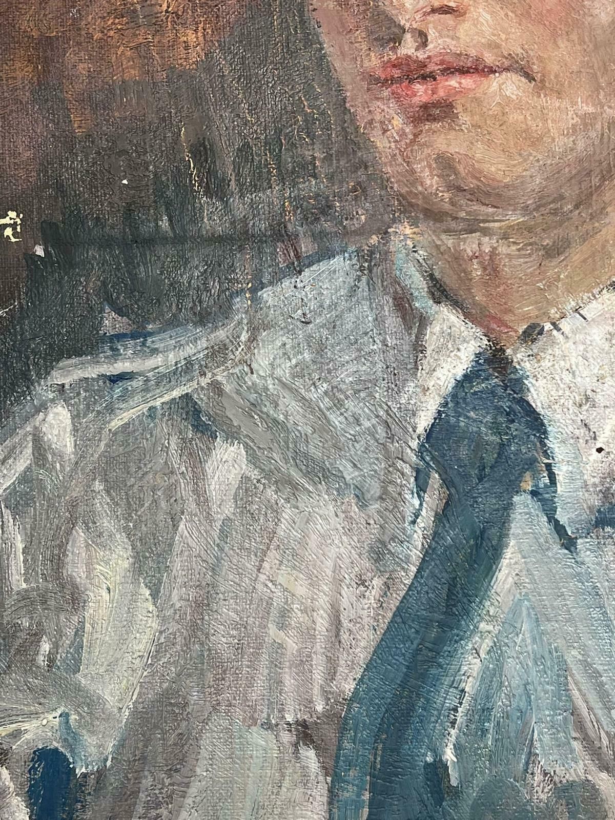 Jean Laforguemid 20th Century French Signed Oil Painting Portrait Of Man In Tie photo vinterior