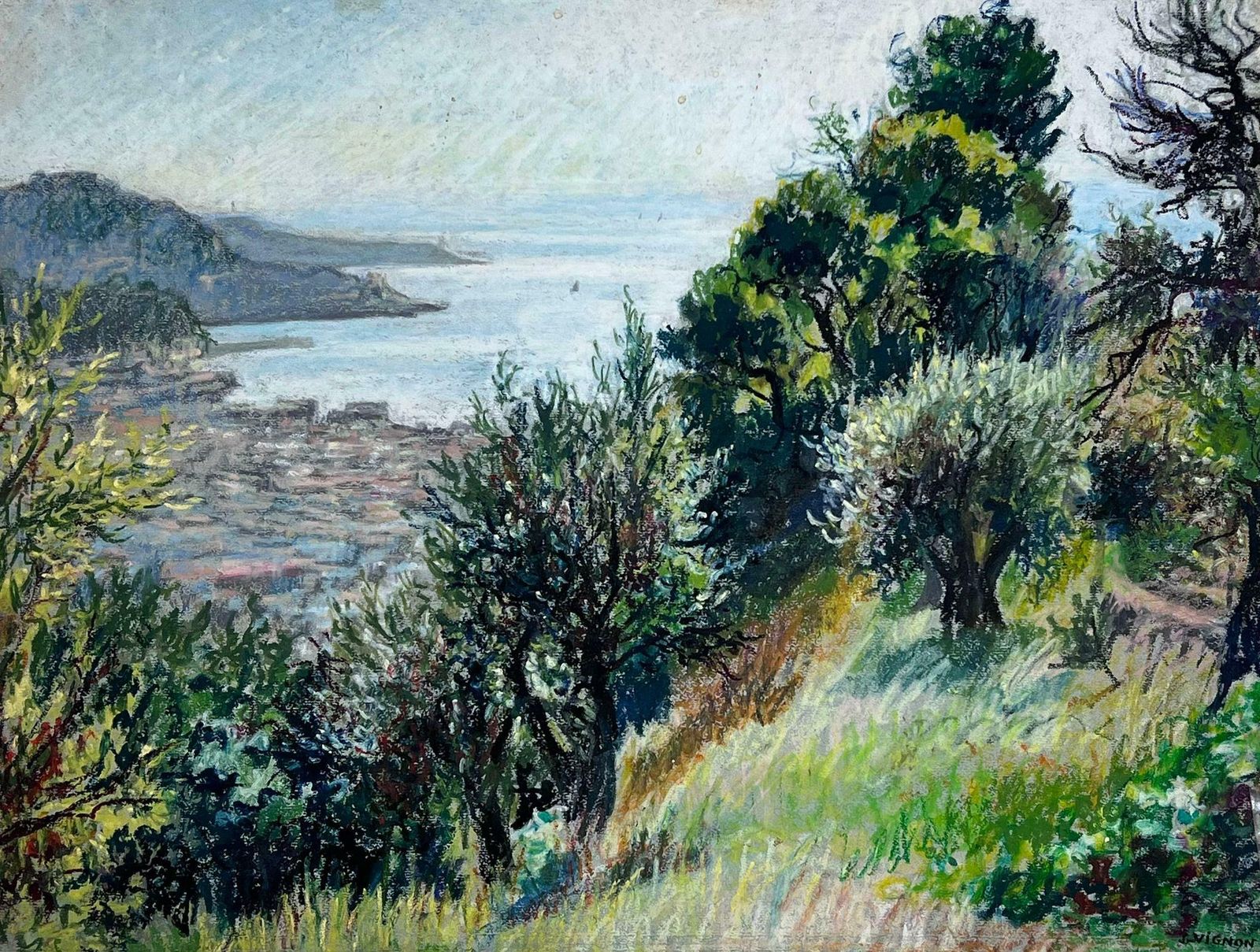 Josine Vignon1950s French Post Impressionist Provencal Olive Grove Hill Seascape 1950s