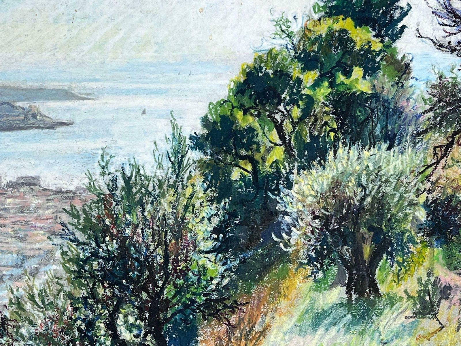 Josine Vignon1950s French Post Impressionist Provencal Olive Grove Hill Seascape 1950s photo vintage