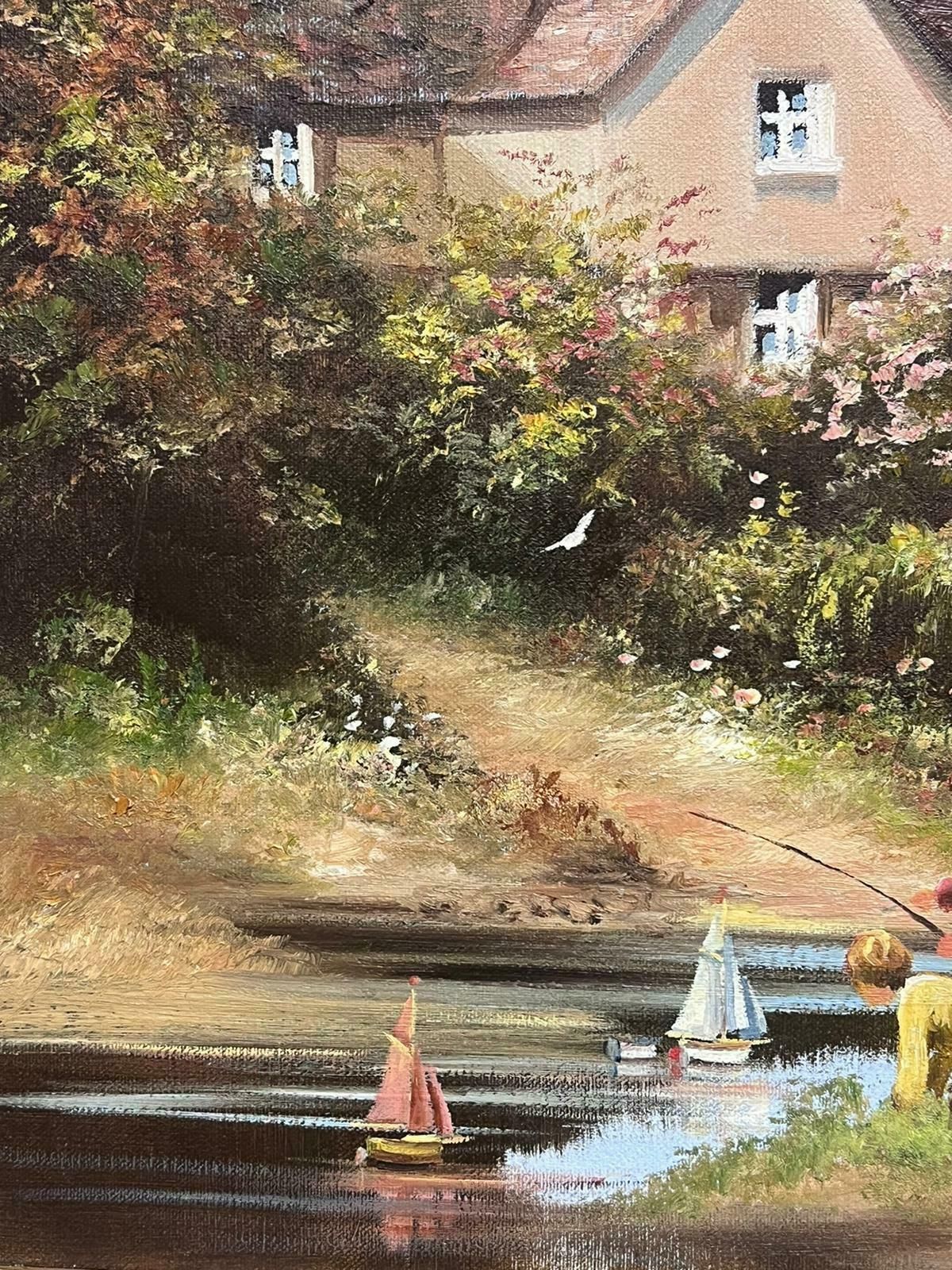 Les Parsonstraditional English Cornish Village Scene Children Playing In Stream By Cottage photo Art