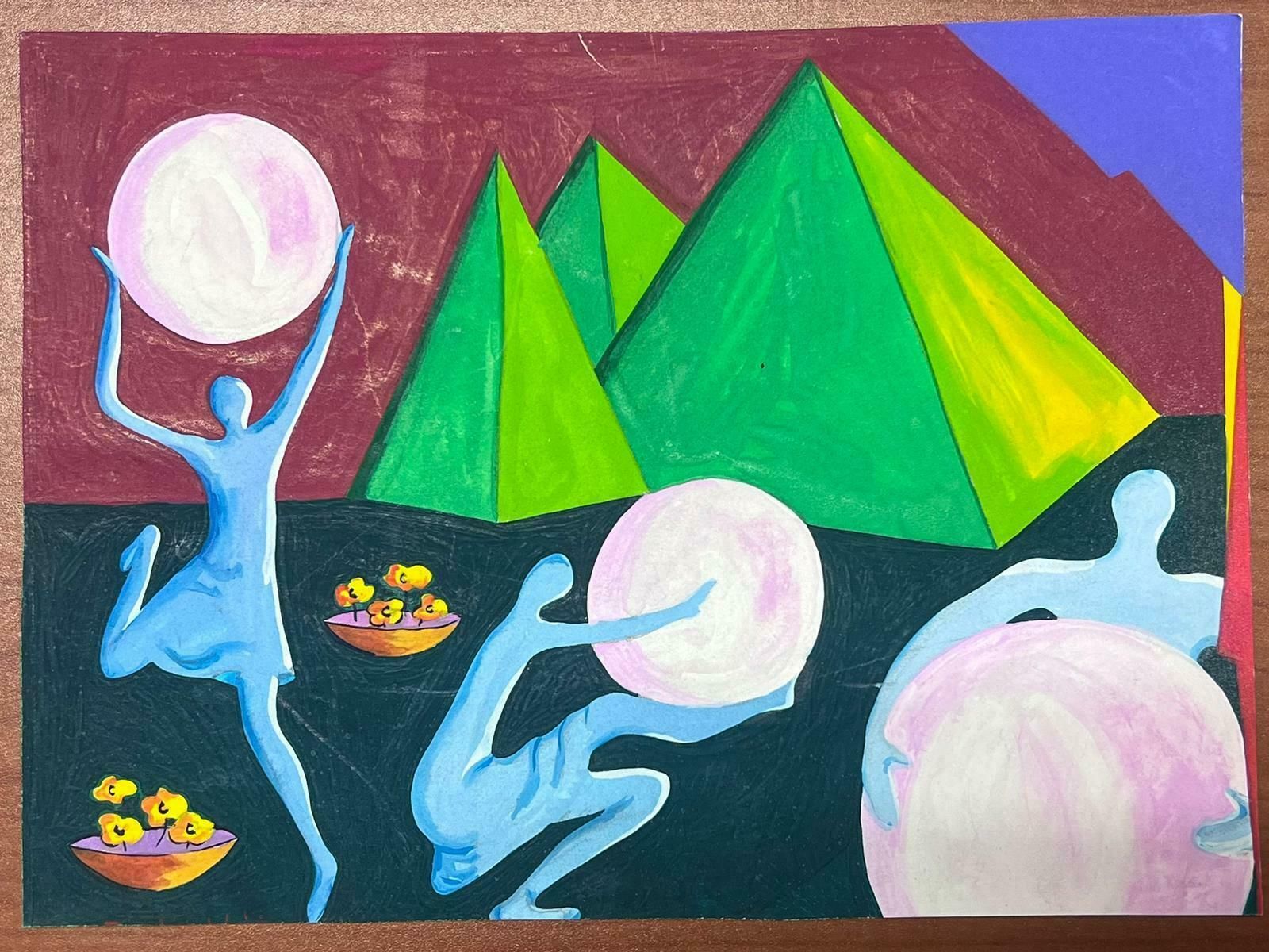 Sally Vaughancontemporary British Abstract Original Painting Surrealist Figures Pyramids1990 photo furniture