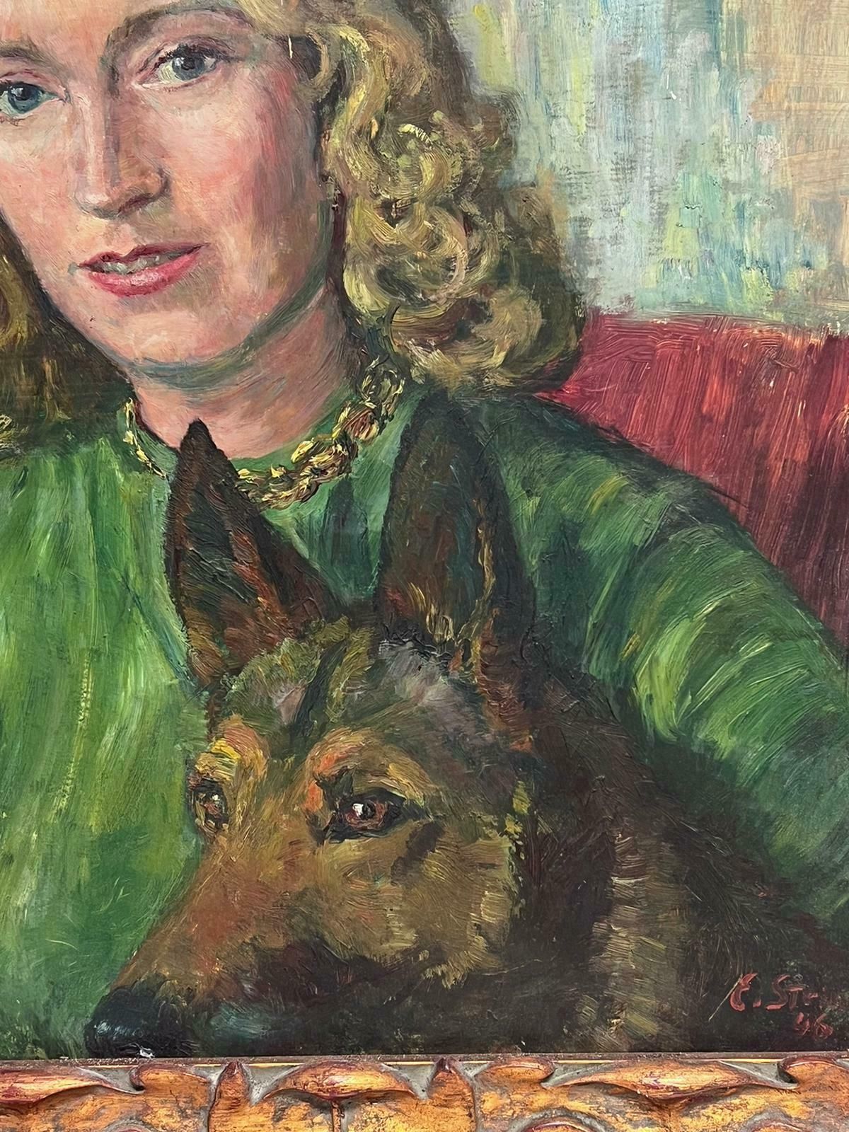 French Schoolmid 20th Century French Portrait Young Lady With Alsatian Dog Oil On Canvas1940 photo Art