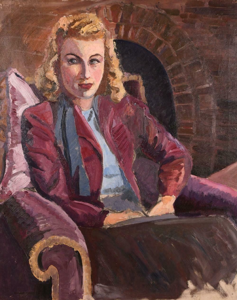 Francis Wynne Thomas (1907 1988)mid 20th Century 1950's Portrait Of Stylish Lady Seated By Fireside Large Oilc. 1950's