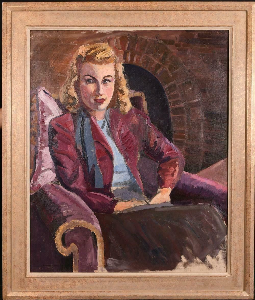 Francis Wynne Thomas (1907 1988)mid 20th Century 1950's Portrait Of Stylish Lady Seated By Fireside Large Oilc. 1950's photo furniture