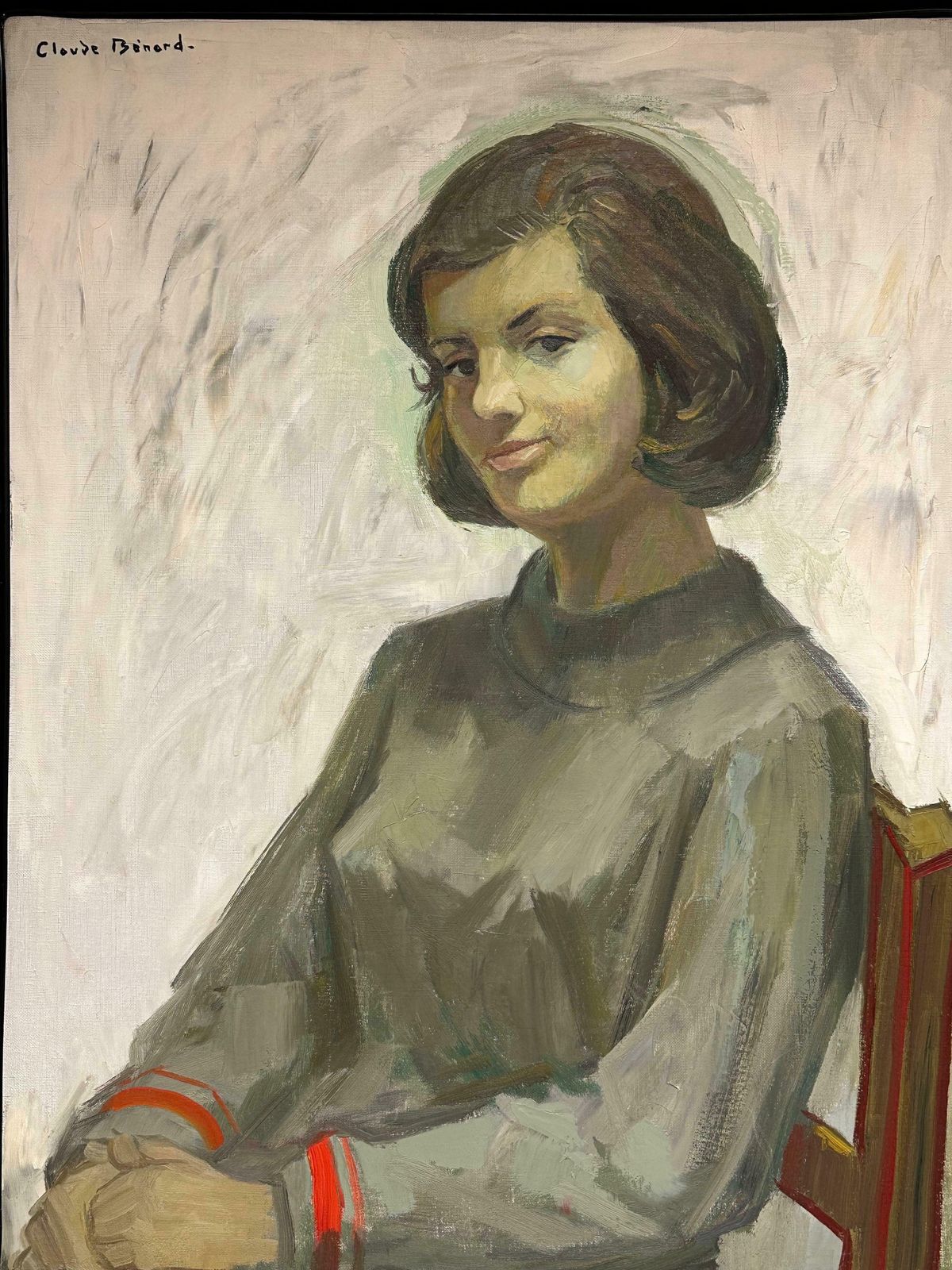 Claude Benardlarge 20th Century French Signed Oil Painting Portrait Of Lady In Grey Dress1960