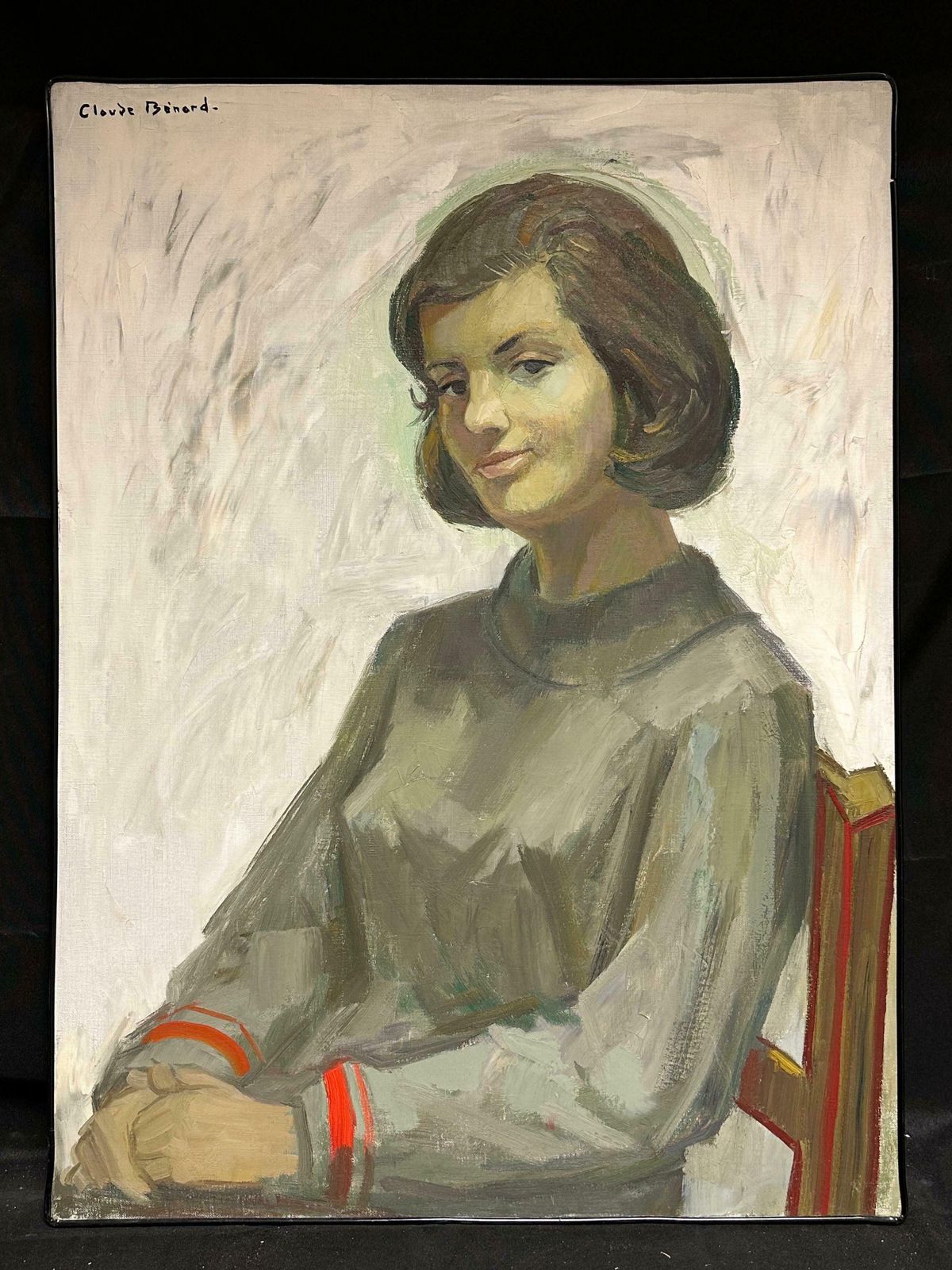 Claude Benardlarge 20th Century French Signed Oil Painting Portrait Of Lady In Grey Dress1960 photo furniture