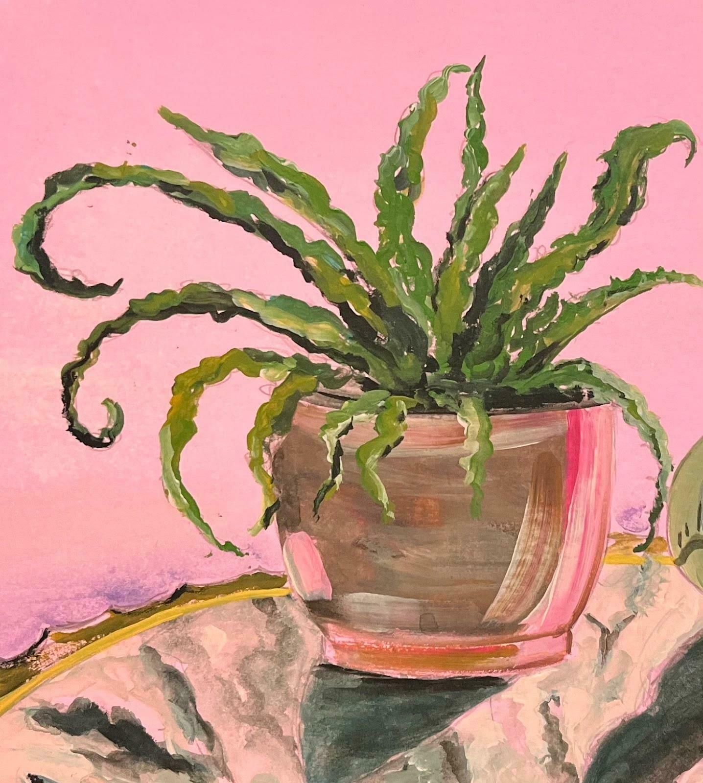 Minty Ramseypink Still Life Interior With Green Fern Acrylic Painting Contemporary British 2024 photo Art