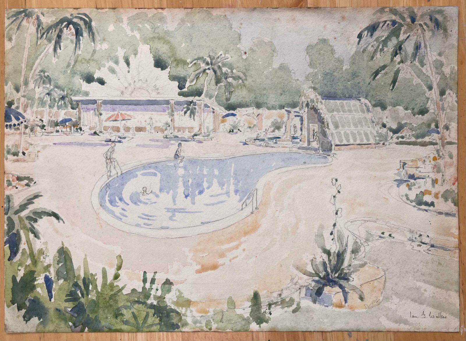 Ian G. Walkerfinely Detailed British Watercolor Topographical Of A Tropical Poolside Scene20th Century photo furniture