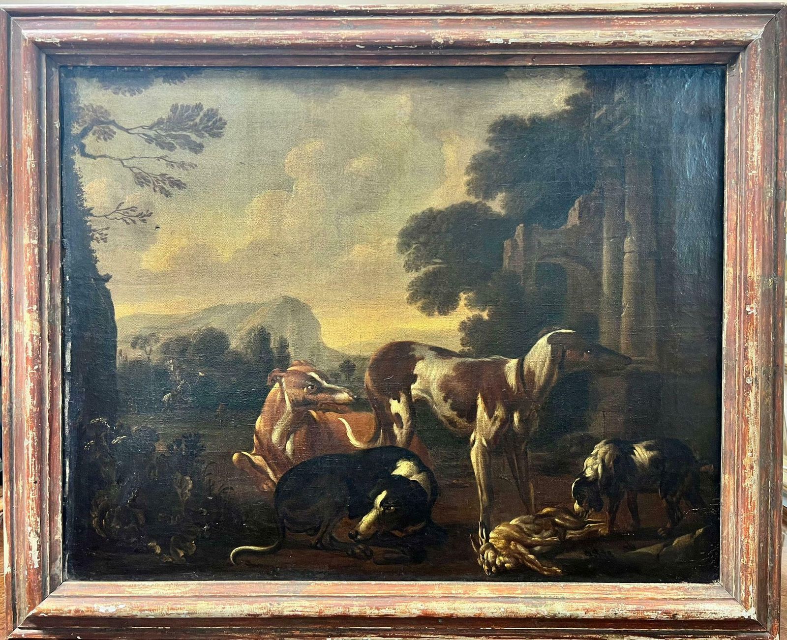 Fine 1700's Italian Old Master Oil Painting Hunting Dogs With Game, Roman Ruins photo for sale