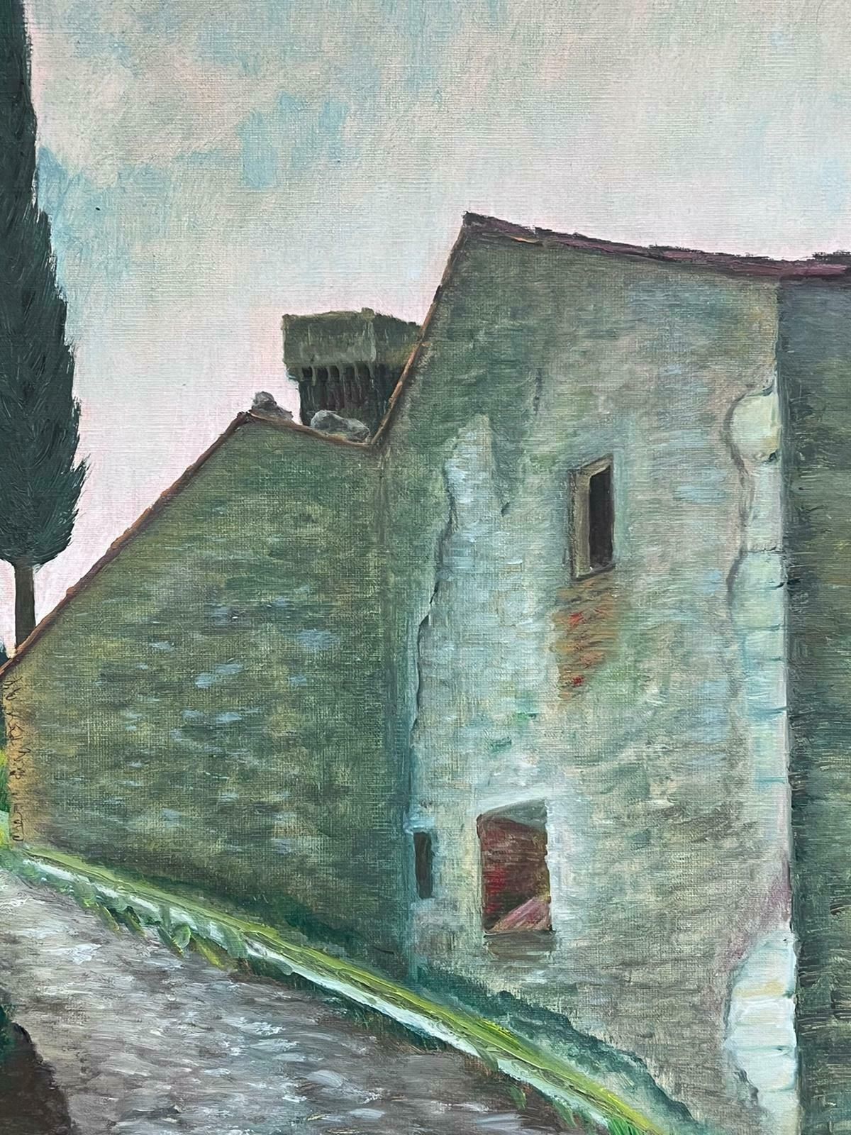 Italian 1950'scypress Tree Old Tuscan Stone Village Houses Winding Lane Signed Oil Painting1950's photo for sale